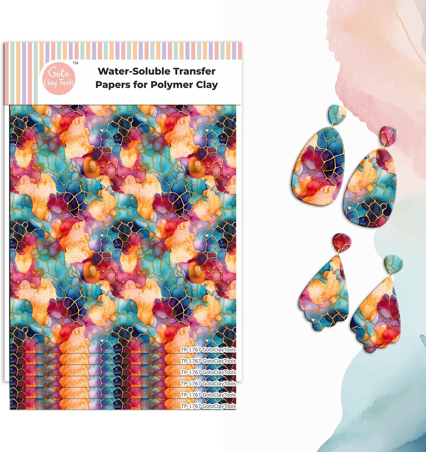 GOTO CLAY TOOLS Transfer Paper for Polymer Clay Earrings, 6 Pcs Colorful Stained Glass Water Soluble Transfer Sheet, Bright Colors Even After Baking, No Cracking, 4 x 5.5 inches | TPUS-1767
