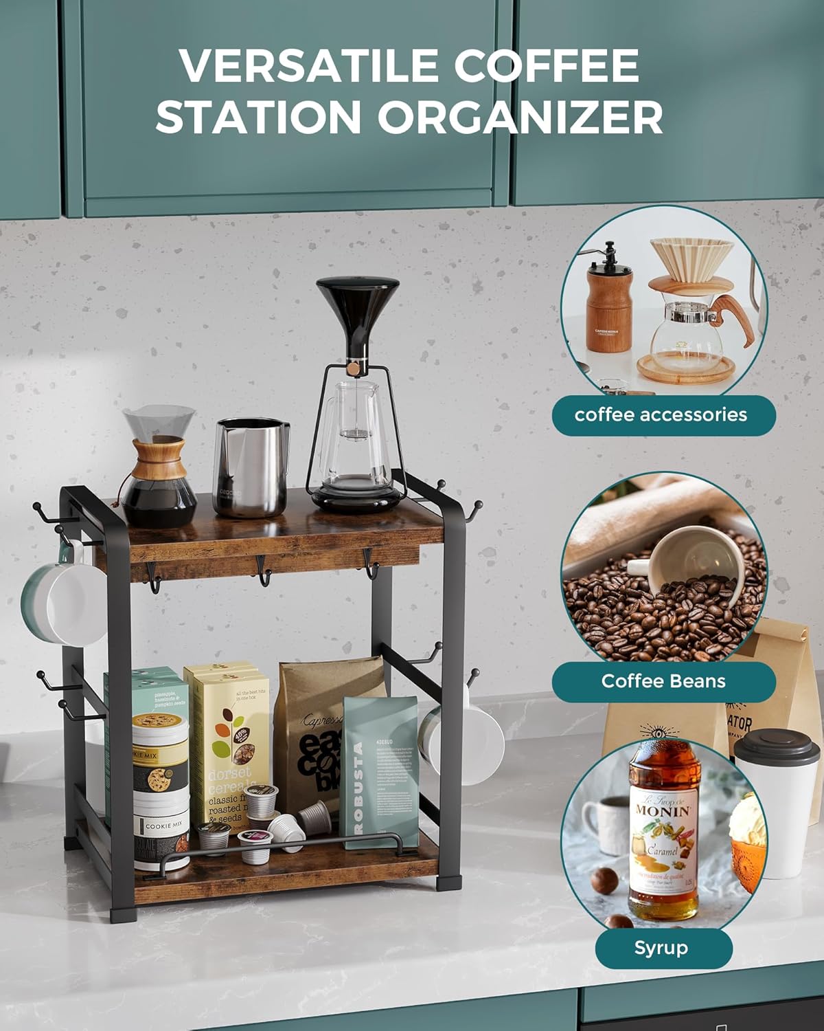 4-Tier Wooden Coffee Mug Holder - Cup Display Organizer For Kitchen Countertop