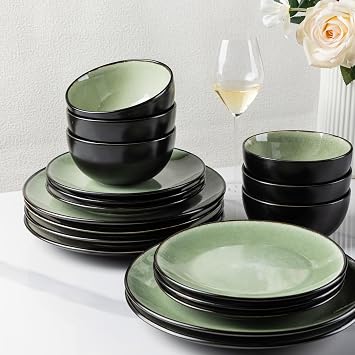 GBhome GDW025LG-EU Stoneware Crockery Set for 4 People 12-Piece Reactive Glaze Handmade Stoneware Crockery Set Microwave & Dishwasher Safe Bowl and Plate Set Quiet Green