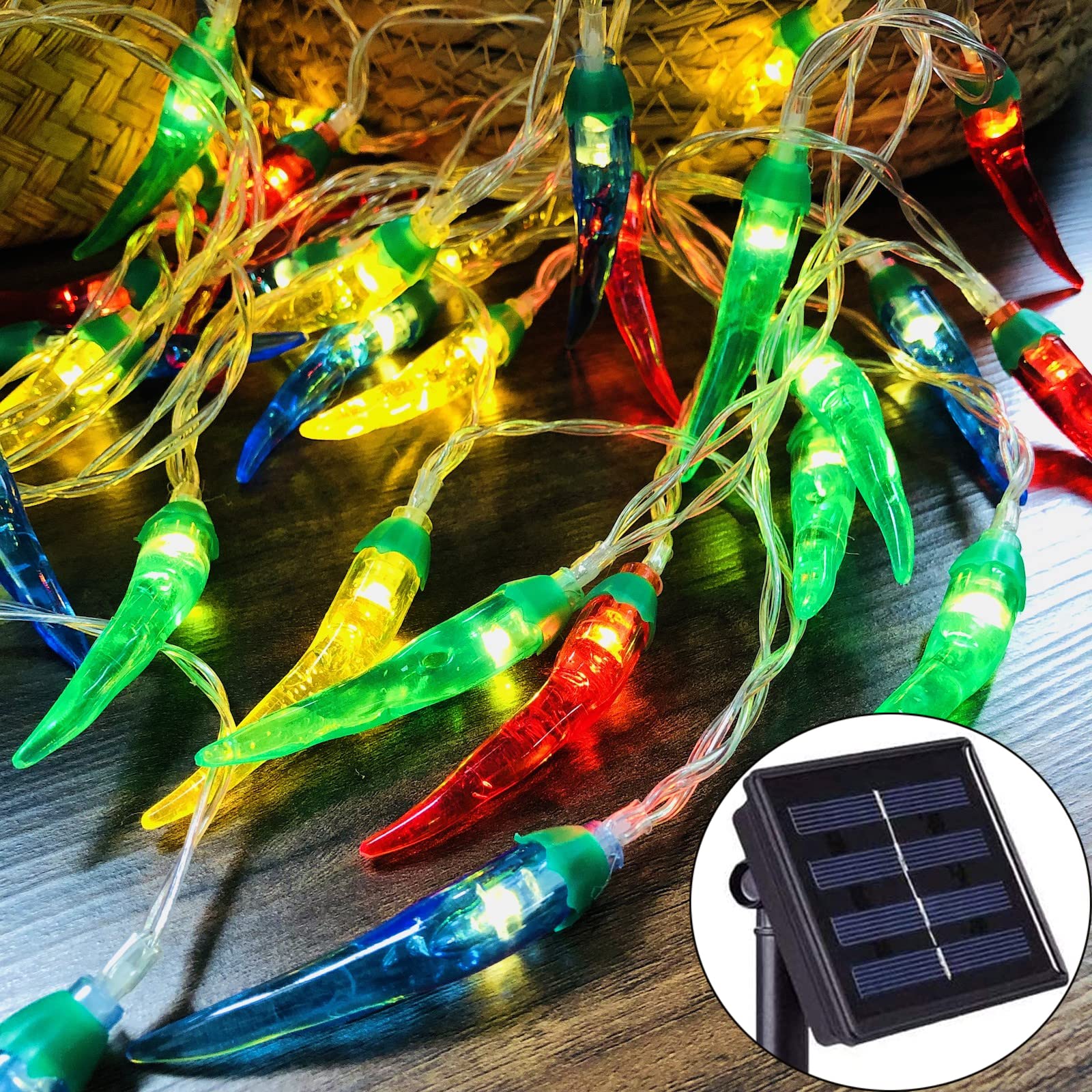 23FT Chilli String Lights 50 LED Coper Wire Fairy Light Pepper Decor Night Light for Christmas Holiday Party Camping Wedding Decoration (Solar Powered, Mix-color Chili)