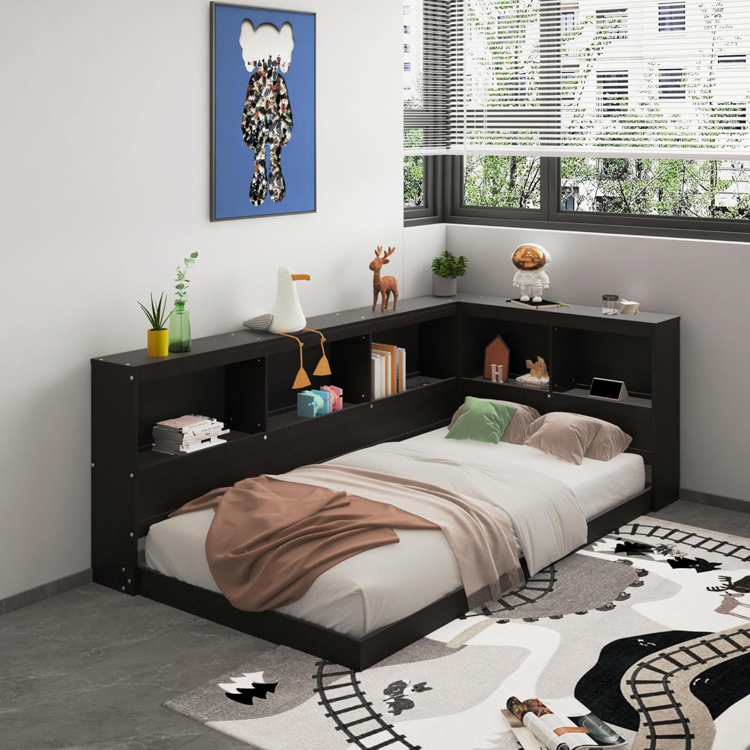 DEINPPA Platform Bed with L-Shaped Bookcase
