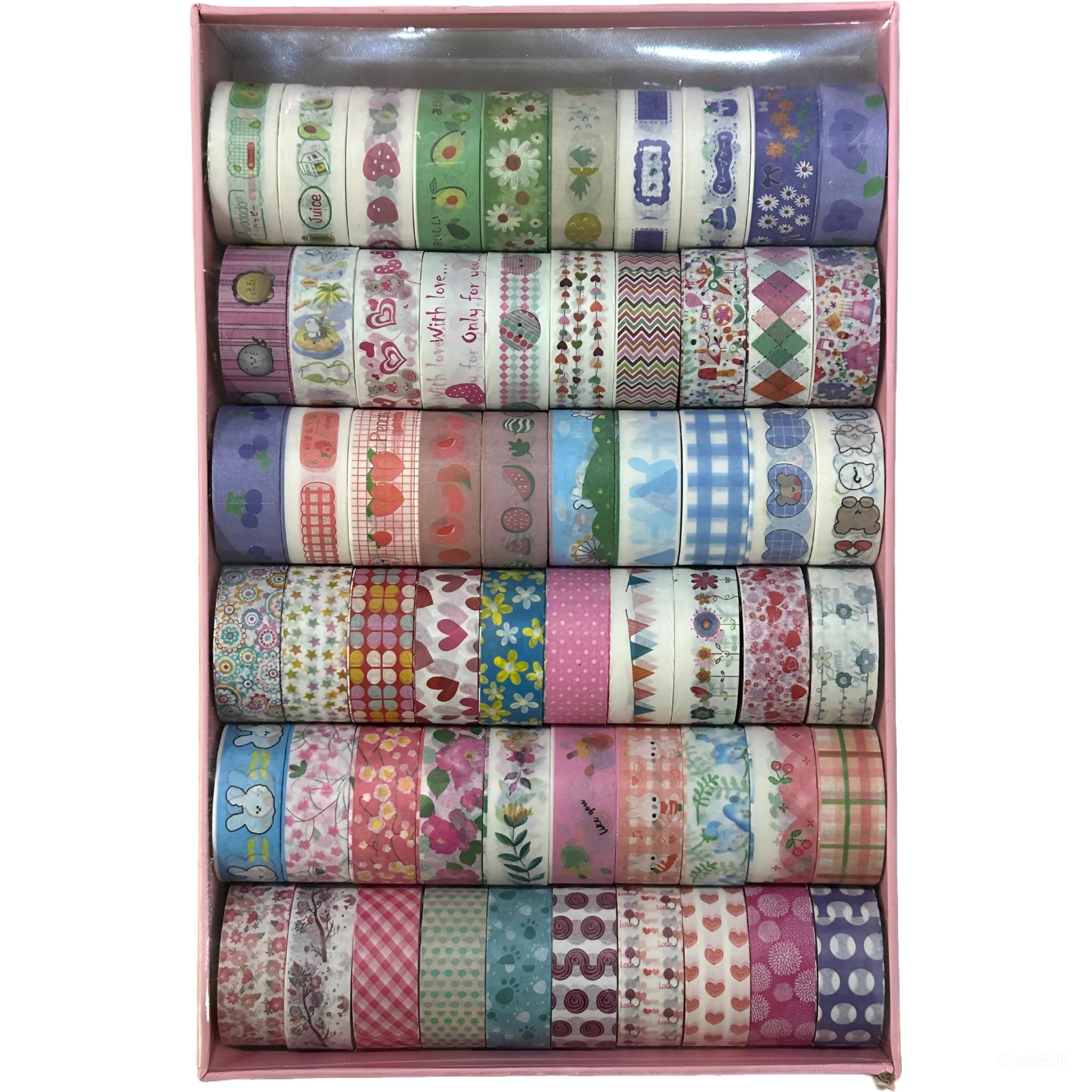 Washi Tape Set Decorative Japanese Masking Paper Tape for Scrapbooking, Planners, Card/Gift Wrapping, DIY Decor and Craft Supplies Multicolor Printed Design - 60 Pcs, 60 Cm