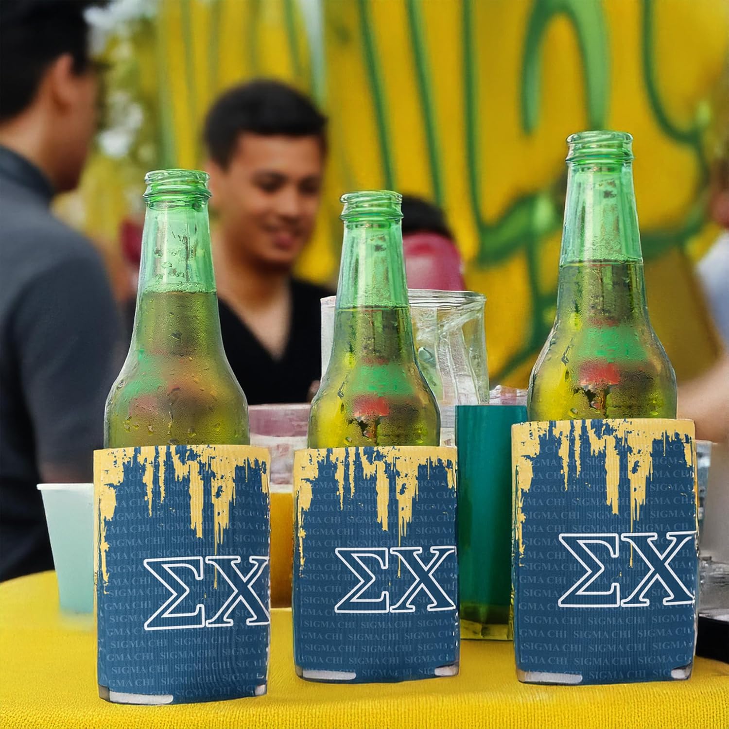 VictoryStore Sigma Chi Can Coolers – Set of 6 Fraternity Drink Sleeves for 12 oz Cans – Full-Color Yellow and Blue Greek Letter Design – Reusable Beverage Holders for College Events and Parties