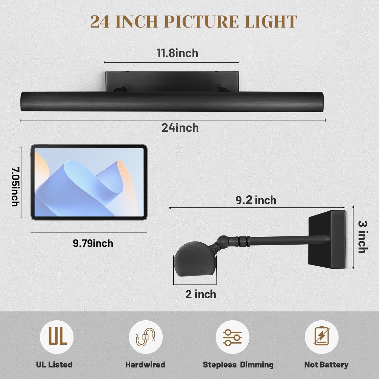 Matte Black Picture Lights for Wall, 24" Art Light Hardwired, 3-Light Bronze Gallery Light, Warm White 2700k Dimmable Picture Frame Lights, 270° Vanity Light for Bathroom, Living Room, Hallway