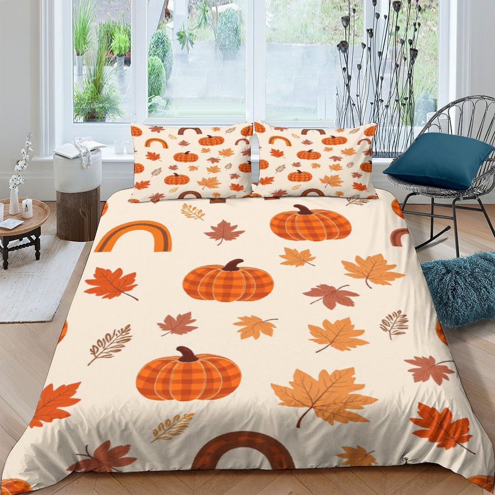 Ctjqhvkz Style-5 3D Printed Pumpkin Leaves Fitted Sheet Microfiber Soft Autumn Maple Bed Sheet For Bedroom Guest Room Decor Single（135X200cm）