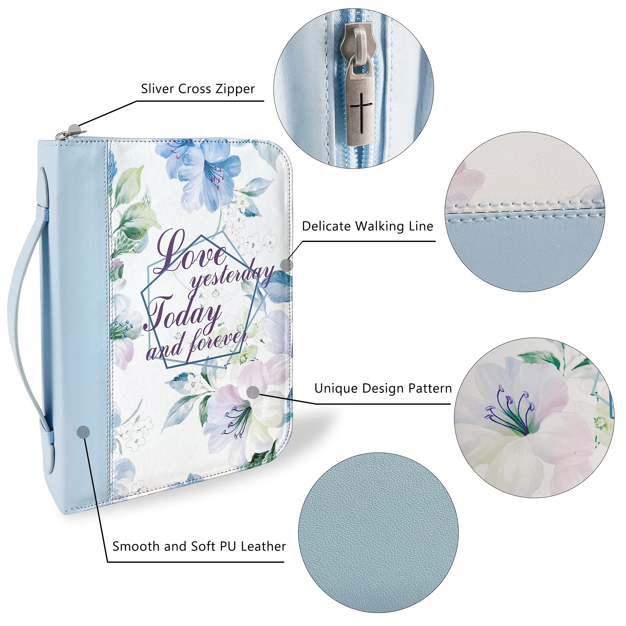 IvyRobes Zipper Bible Cover for Women Girls PU Leather Blue Floral Pattern With Handle, Bible Bag Carrying Case Large Size - Image 2