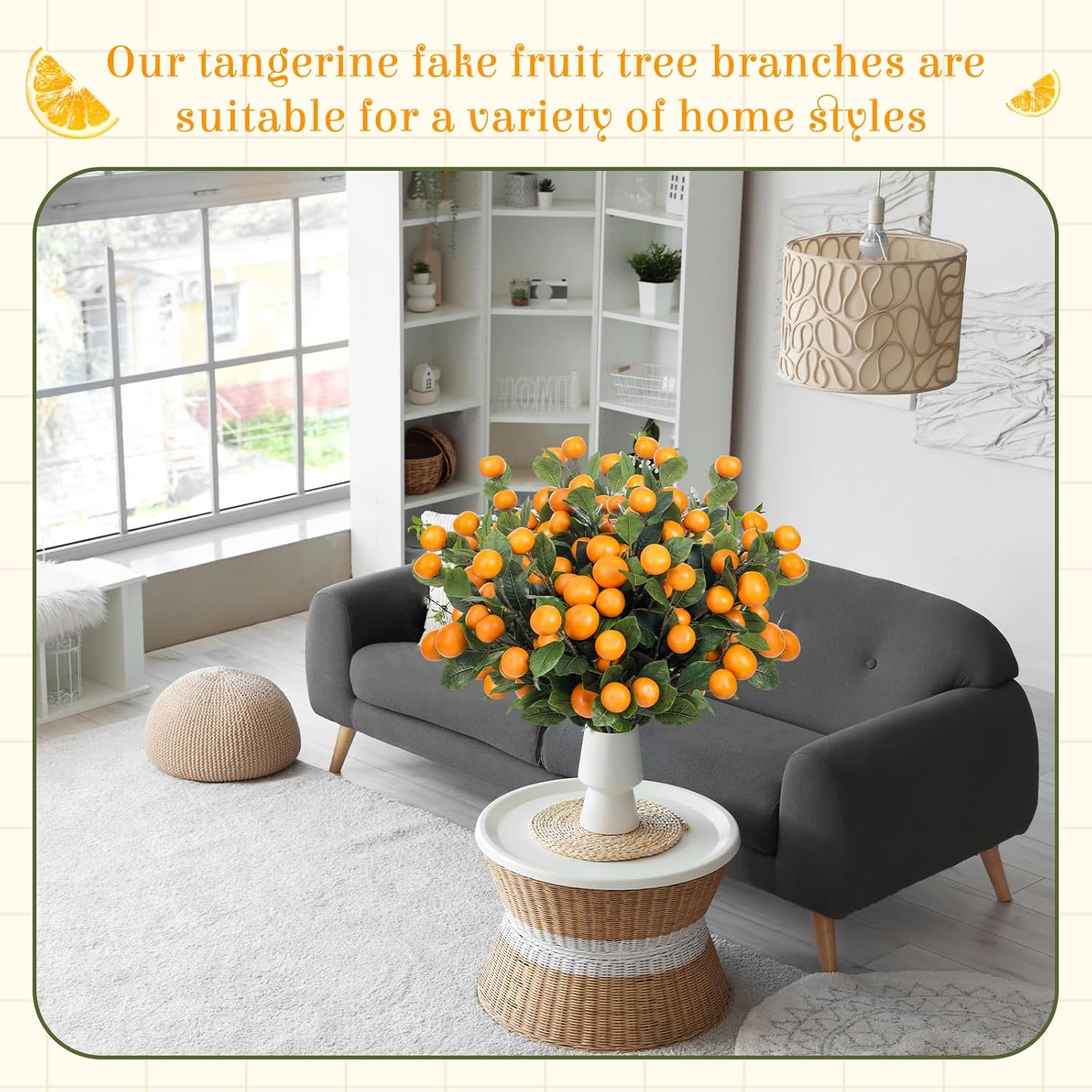 30 Pcs Artificial Tangerine Branches 25 Inch Realistic Faux Oranges Fruit with Green Leaves Simulation Orange Branch Decorative Kumquat Tangerine for Vase Home Party Decoration (6 Oranges)