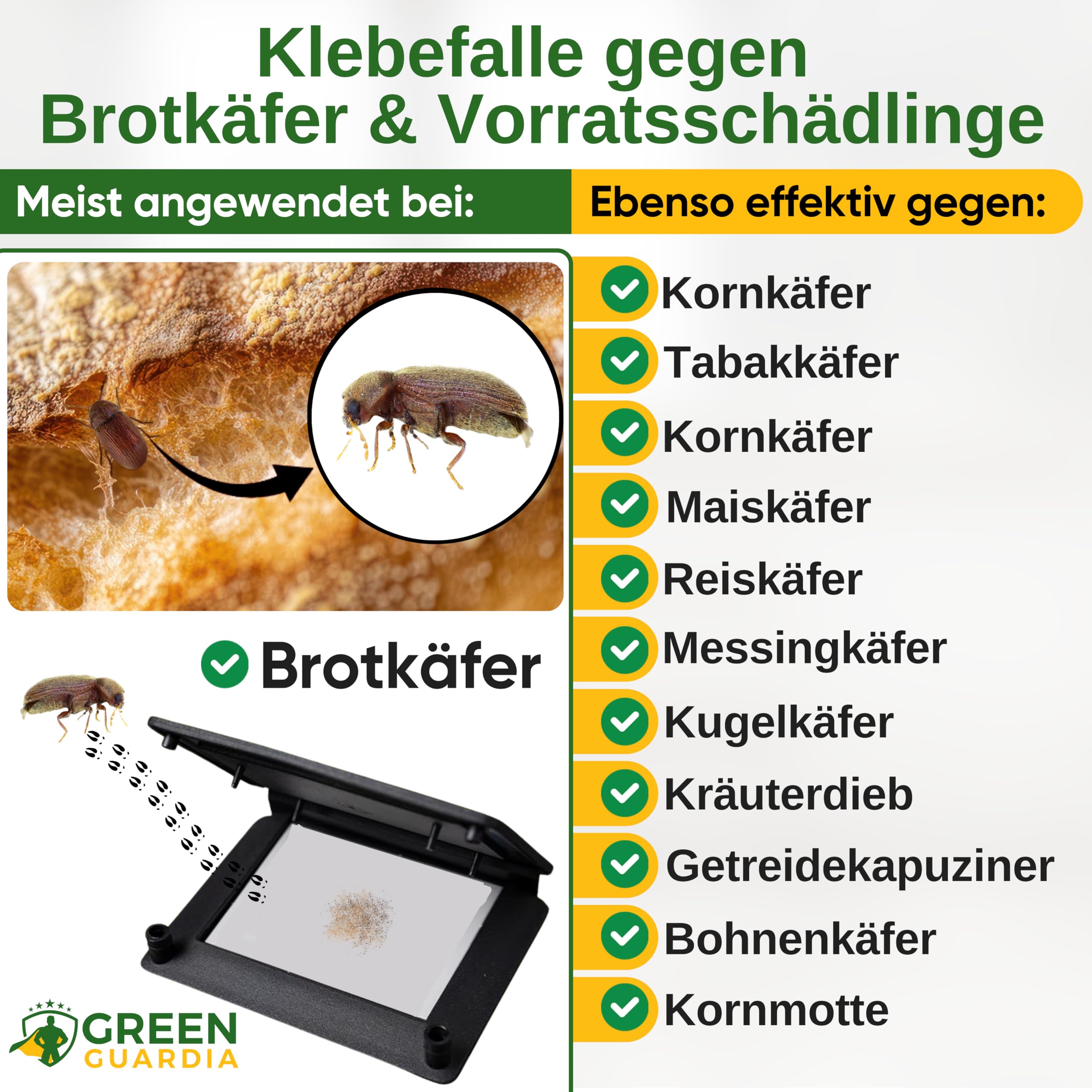 GREEN GUARDIA Lot de 10 pièges à coléoptères avec attractif spécial - Respectueux de l'environnement - Sans produits chimiques - Avec surface adhésive forte, non toxique et sans odeur