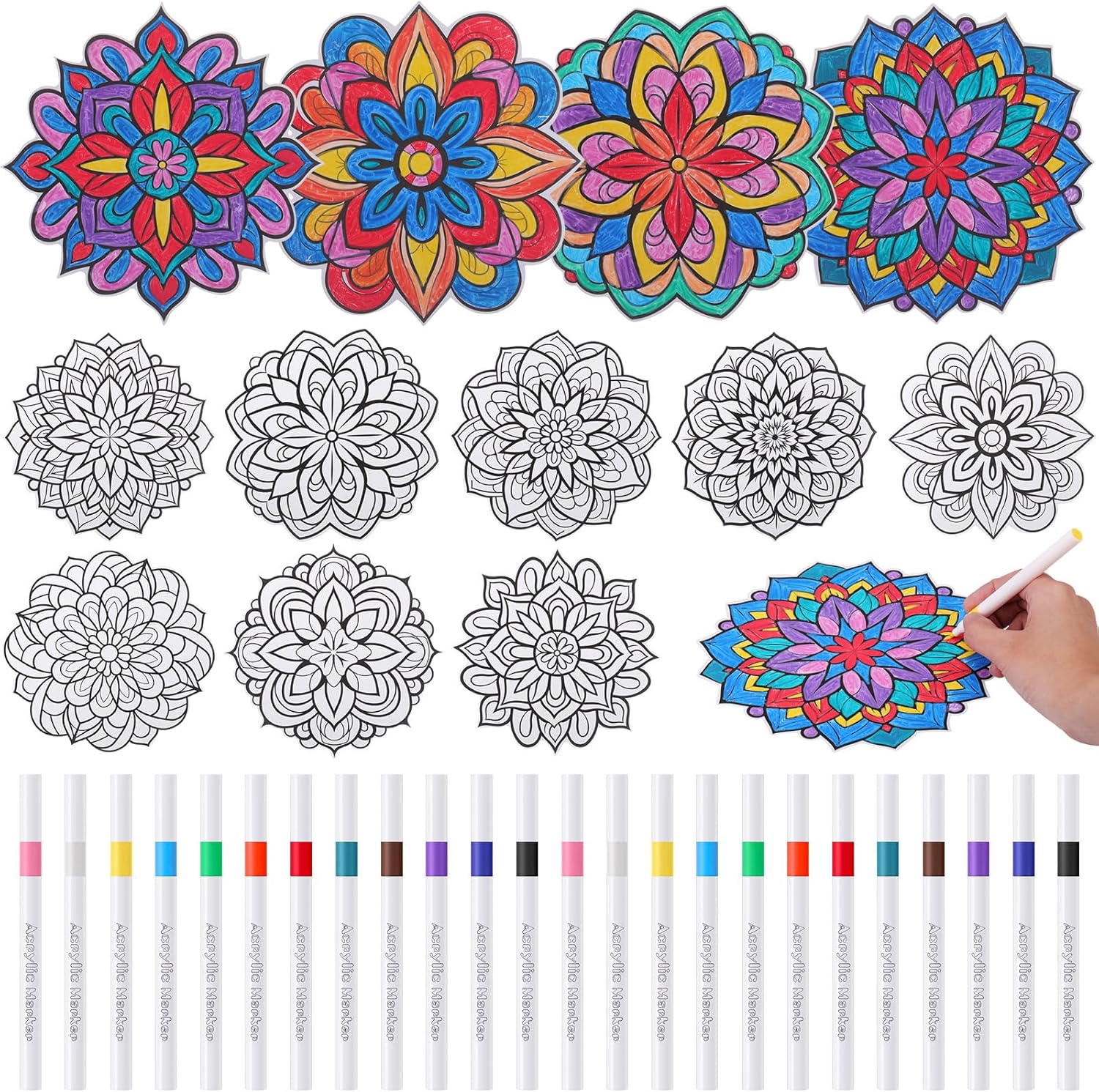 Potchen 48 Pcs Stained Glass Mandala Art Kit DIY Window Clings with Markers Color Your Own Suncatchers for Adults Hobby Teens Women Elderly Home Decor Gift (Floral)