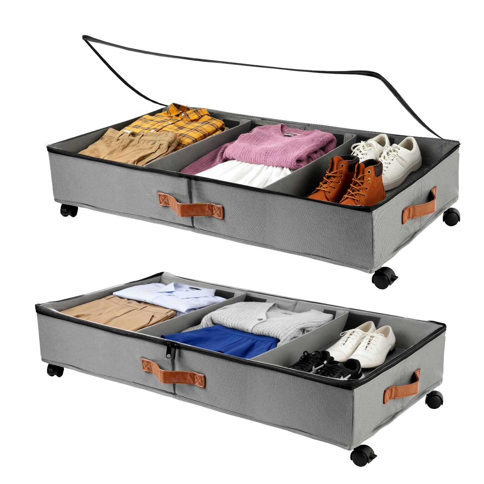 WOVTE Under Bed Storage on Wheels, 2Pack 50L Foldable Underbed Storage Organiser with Zip Lid, Rolling Underbed Storage Box on Wheels with Metal Frame Leather Handle for Clothes Blankets Shoes Toys