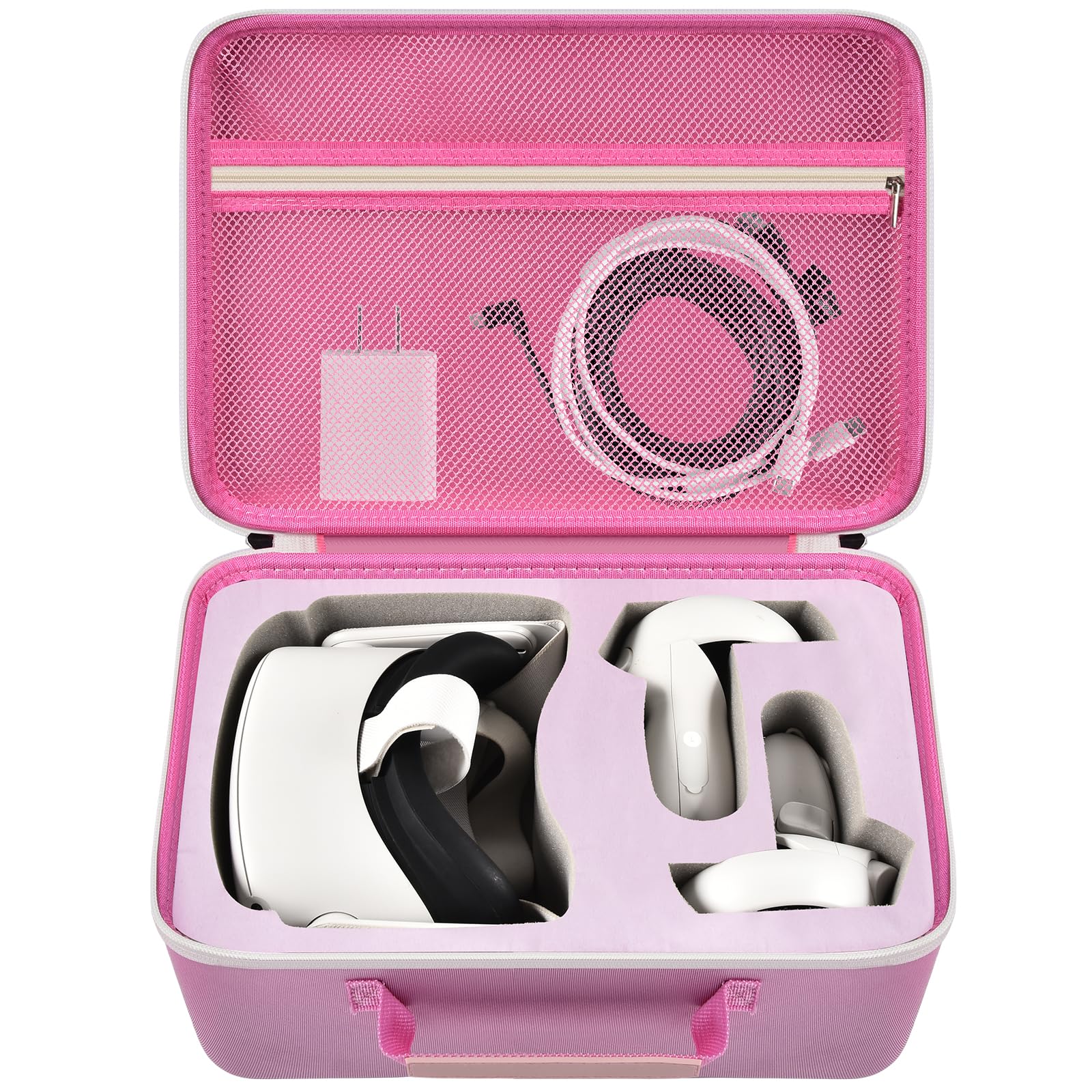 Boobowl Custodia rigida da trasporto per cuffie da gioco Meta Quest 3/Quest 3S All-in-One VR e controller touch, borsa da viaggio con copertura in silicone, protezione per lenti e accessori (rosa +