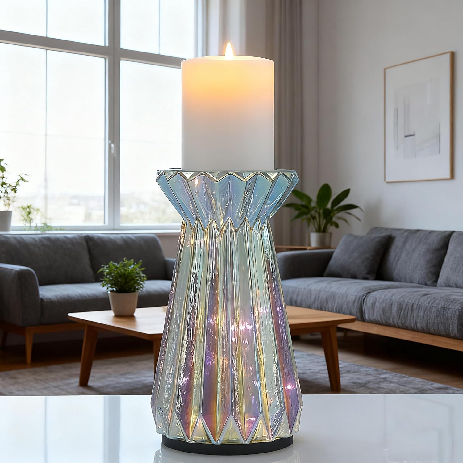 Home Decor, Mercury Glass Pillar Candle Pedestal Holders with Led Lights, Lighted up Candle Holder for Pillar Candle, Candlestick Holders with Timer for Wedding Home Dining Table Xmas (Colorful)