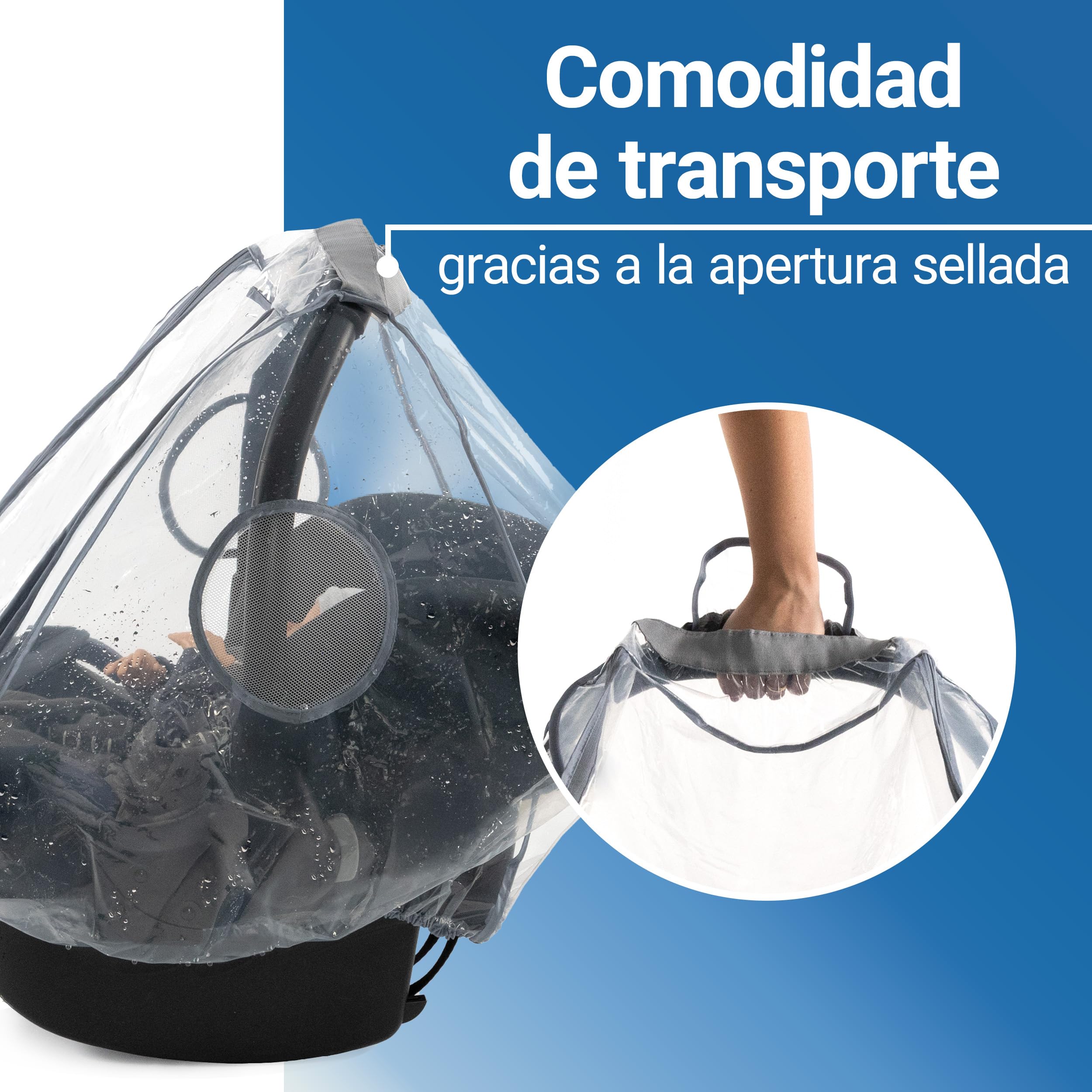Zamboo Protector de Lluvia Universal Premium para Portabebés - Plástico Antilluvia para Grupo 0 - Compatible con Maxi Cosi | Cybex | Römer - Burbuja con Ventana Grande - Contacto Rápido - Sin PVC