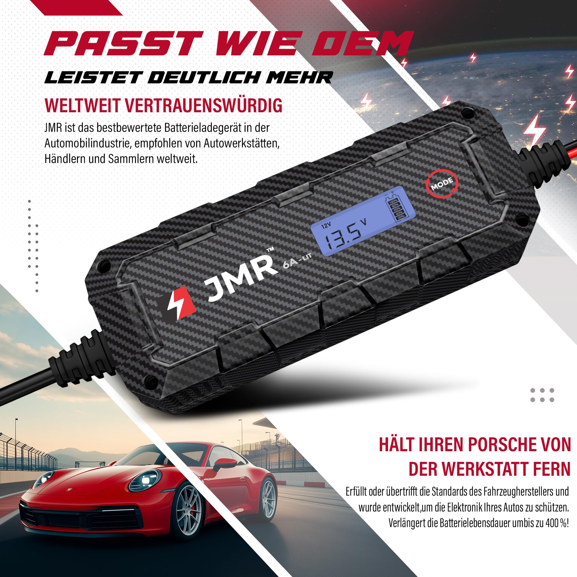 JMR Batterieladegerät für Porsche 911 Panamera Cayenne Macan Cayman 718 Boxter Alle Modelle Autobatterie Ladegerät Erhaltungsladegerät Akkuladegerät Erhaltungsgerät Auflader (Lithium-Modus hinzufügen)