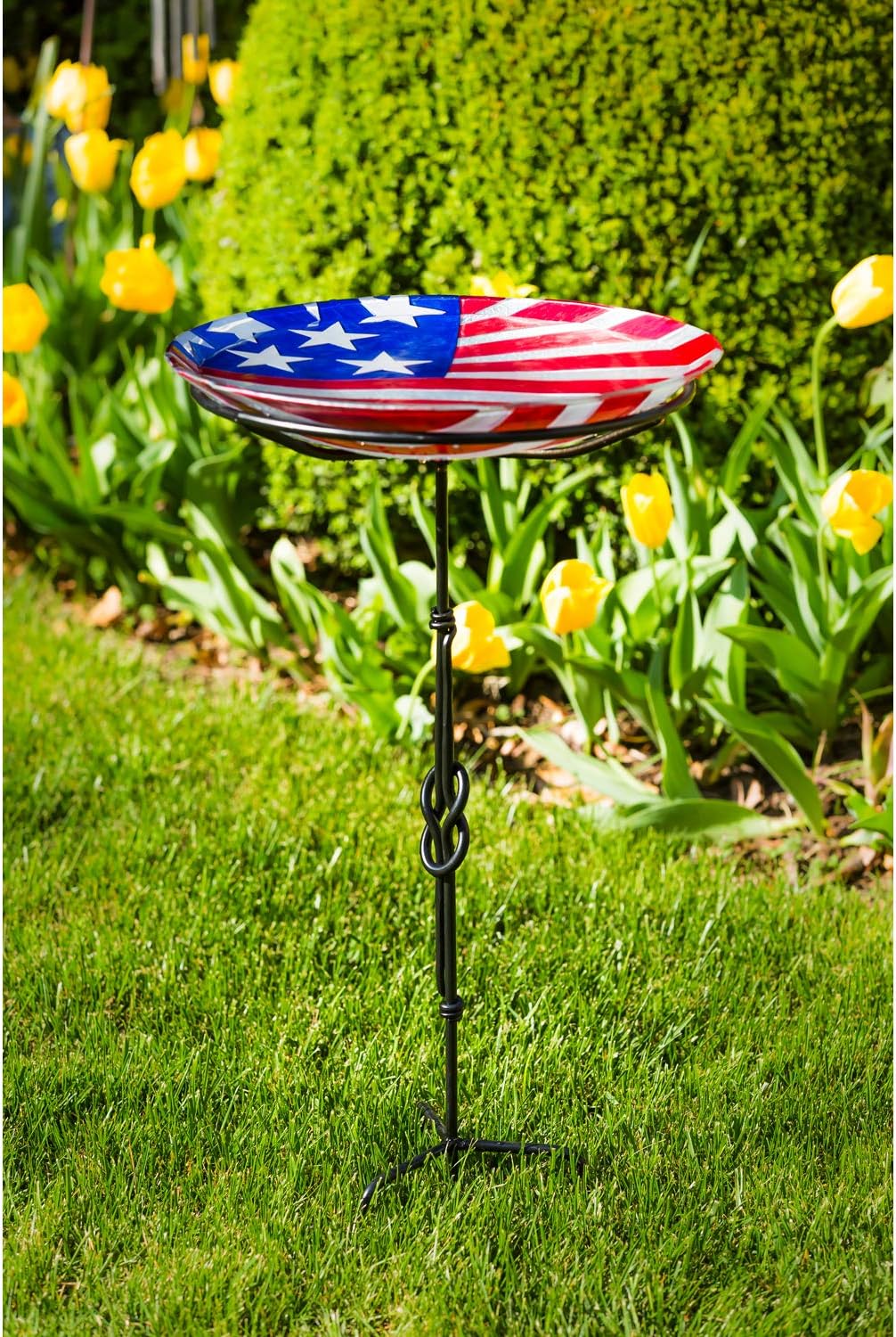 Evergreen Garden American Flag 18 inch Glass Bird Bath Bowl