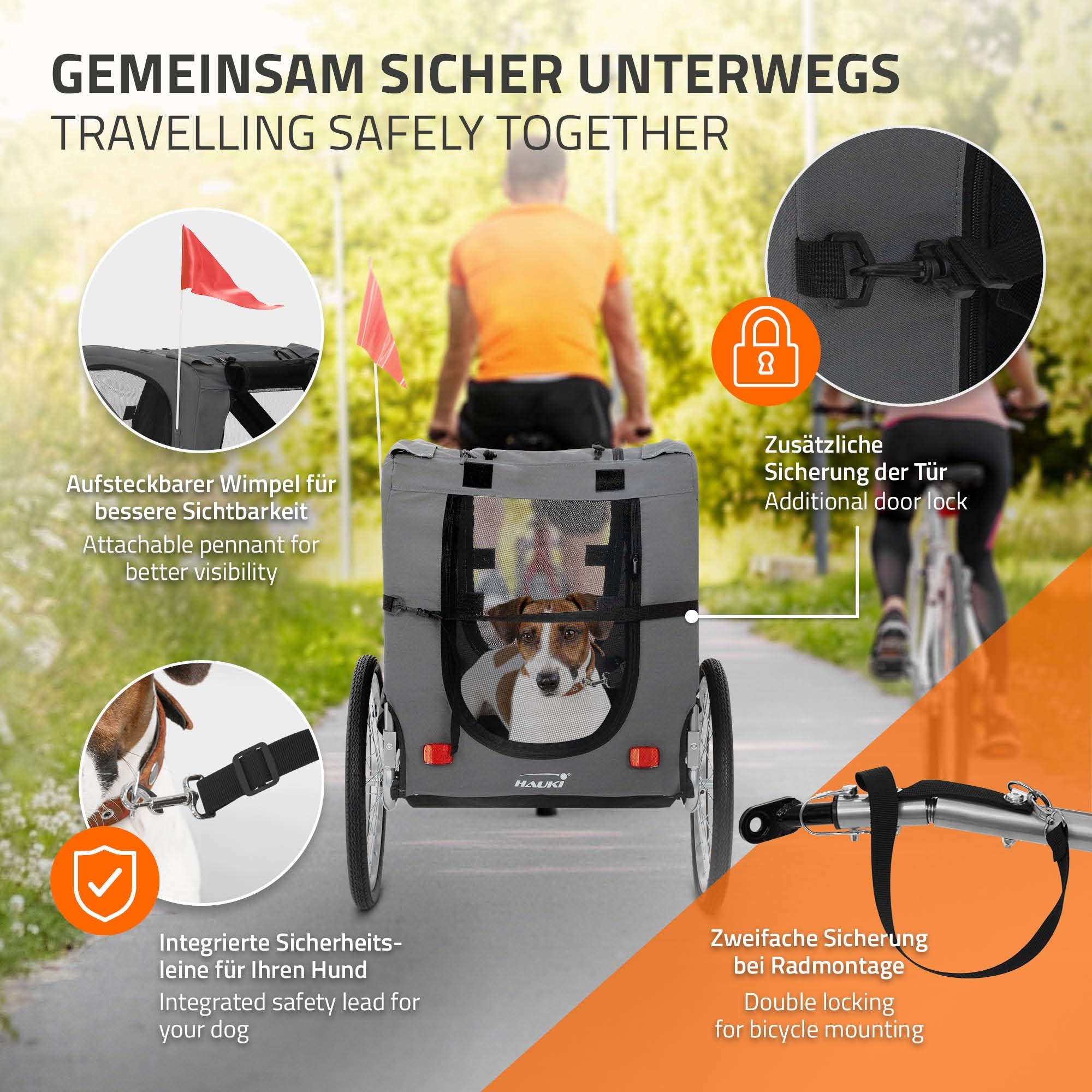 Hauki Remorque 2in1 de Vélo et Poussette de Chien, Pliable, Gris, en Acier/Tissu Oxford, 130x72x90 cm, Chariot avec Réflecteurs Laisse et Drapeau, Charge Max. 40 kg, Transport d'animaux de Compagnie