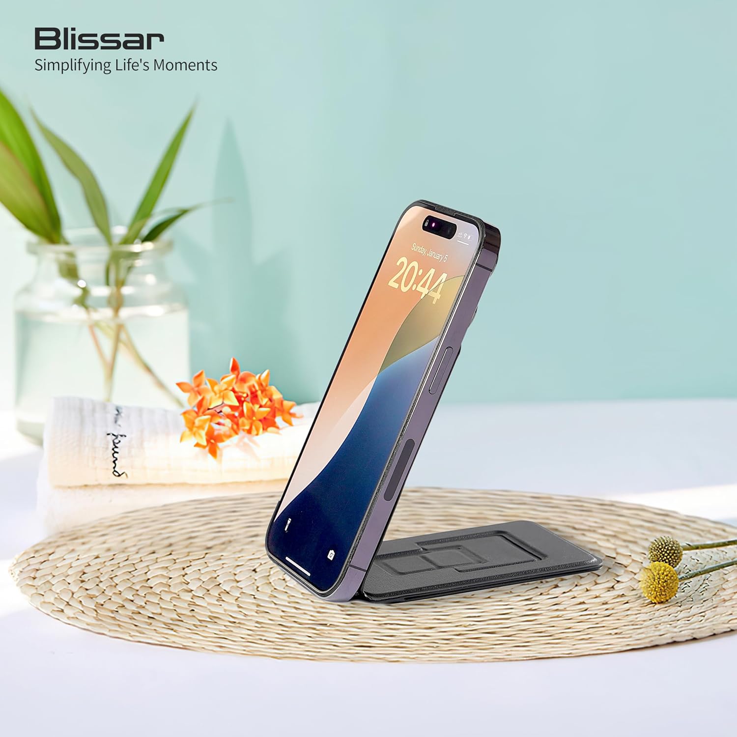 Blissar Magnetic Wallet Phone Stand, 3-in-1 Card Holder with Phone Tripod & Selfie Stick, MagSafe Compatible for i-Series 16/15/14/13, Metal Ring for Android Universal Fit, Premium PU Leather, Black