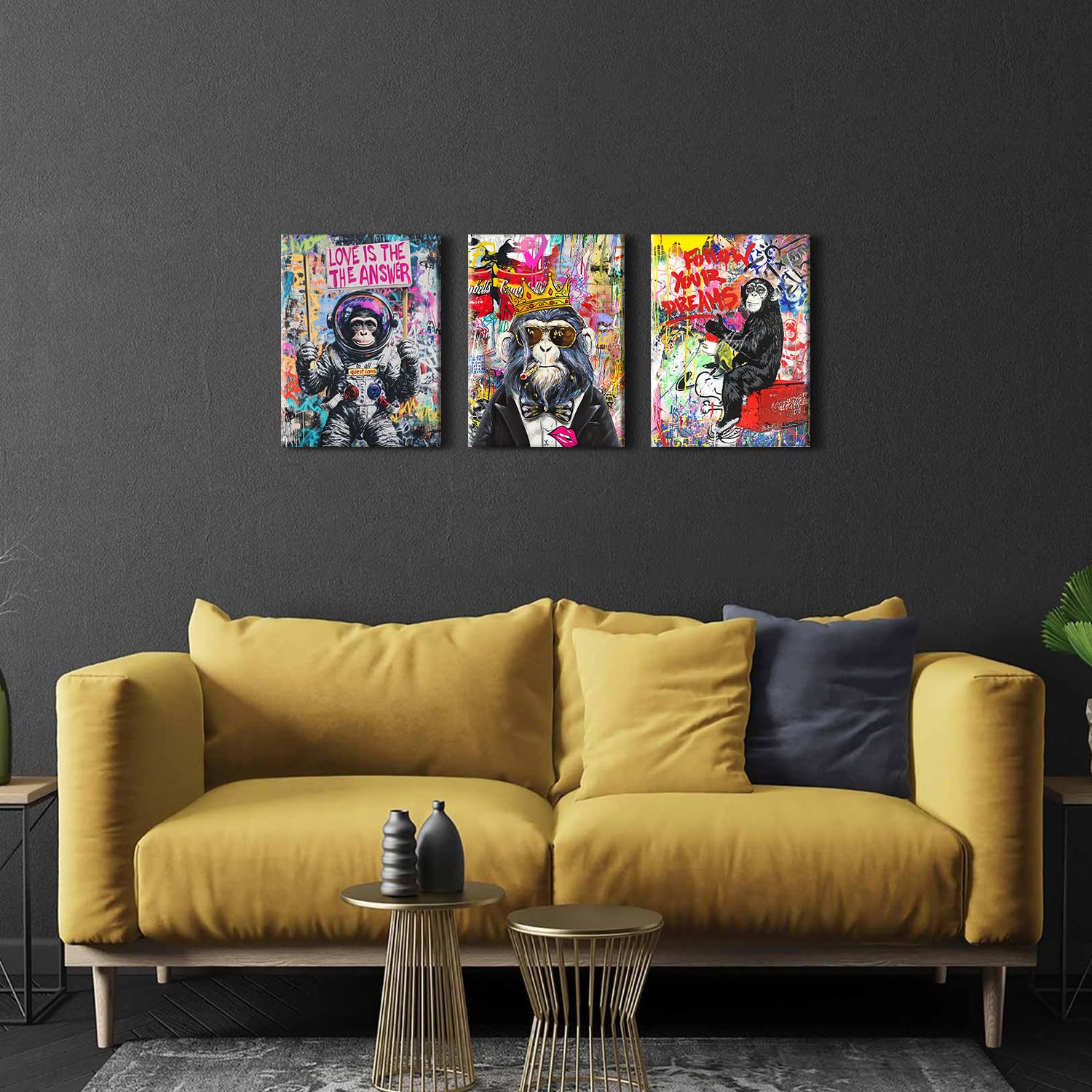 Set of 3 Banksy Canvas Wall Art for Living Room Graffiti Street Pop Art Wall Decor Abstract Gorilla Posters Aesthetic Room Decor Funny Animal Paintings Modern Artwork Bedroom Home Decorations 12x16" - Image 2