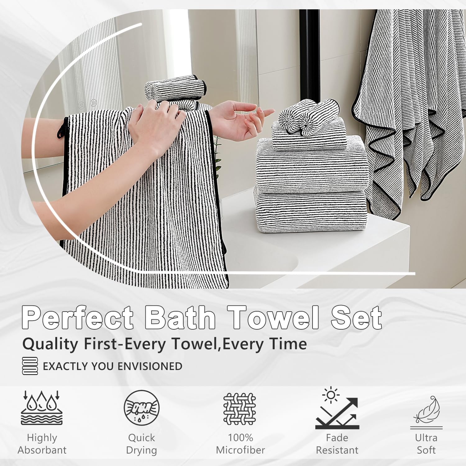 8-Piece Premium Towel Set for Bathroom|2 Oversized Large Bath Sheet 35”x70”,2 Hand Towels,4 Washcloths|Soft Cozy Absorbent Fast Dry Polyester Shower Towel Set for Hotel Bathroom Essentials,Black White
