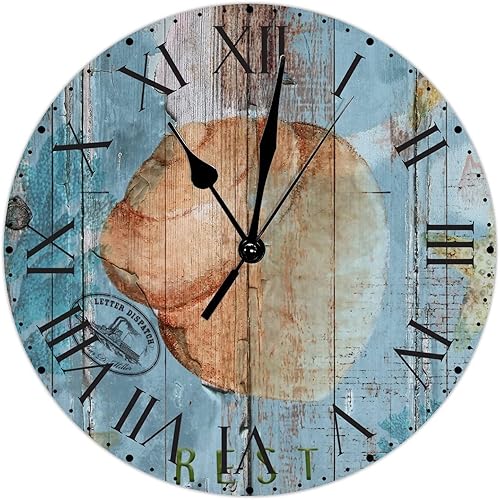 Miniatura 13 de ArogGeld Reloj de pared rústico de PVC con diseño de estrella de mar y estrellas de mar, reloj de pared colgante con números romanos, reloj de pared
