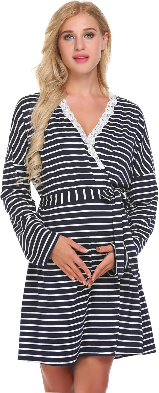 Bifast Maternity VNeck Long Sleeve Striped Lace Trim Wrap Gown Robe