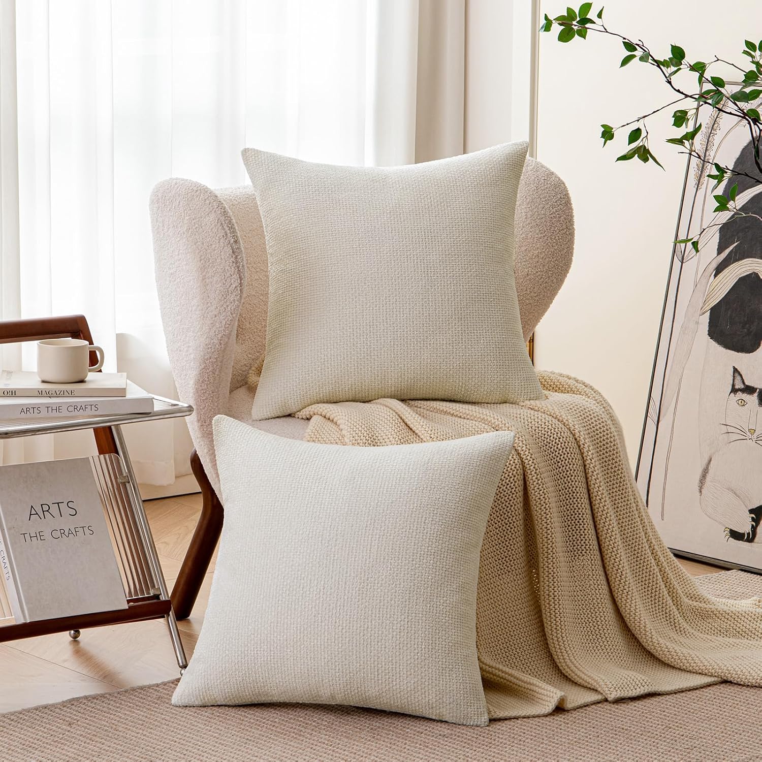 a moment Ivory Chenille Throw Pillow Covers 24x24 Inch Pack of 2 Modern Decorative Throw Pillow Cases Farmhouse Cross Covers Home Decor for Sofa Bedroom Living Room
