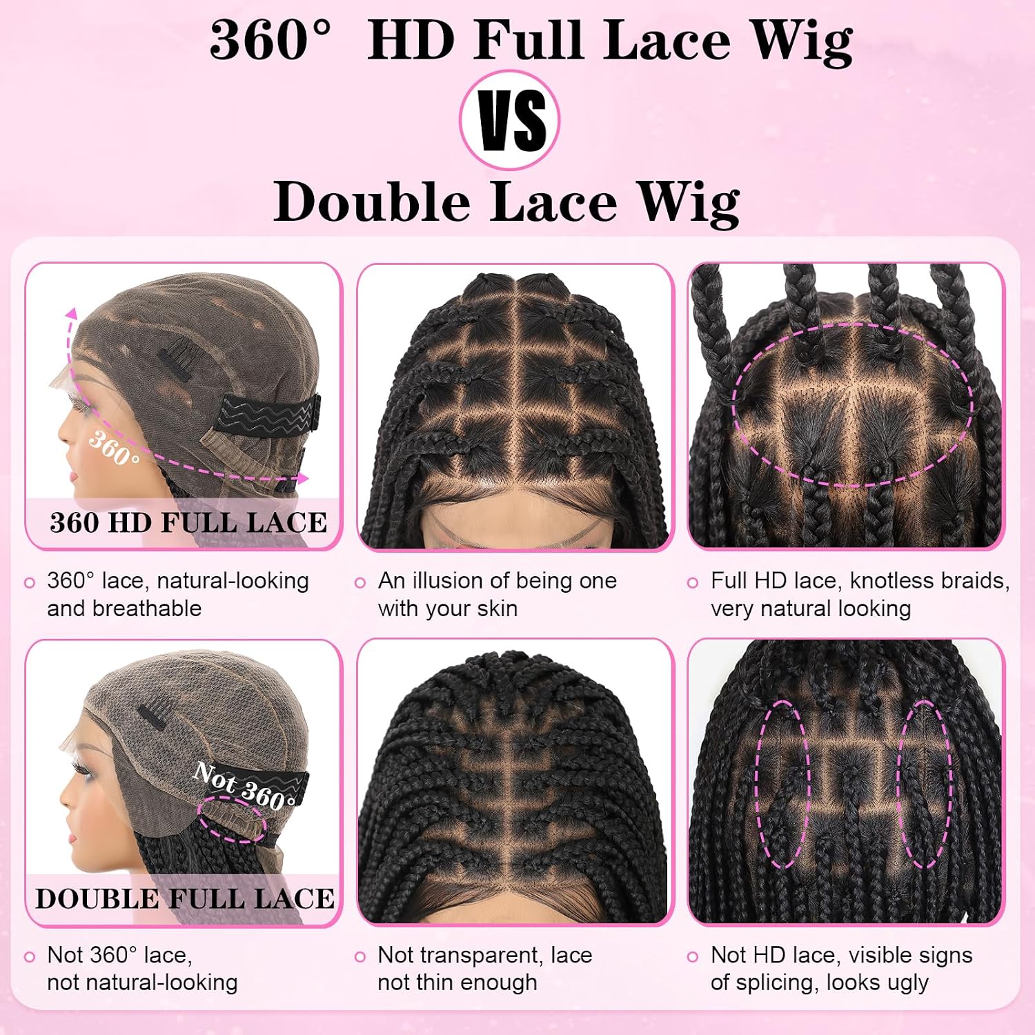 Kalyss 360° HD Full Lace Braided Wigs for Women Knotless Braided Wig with Baby Hair Black Premium Synthetic Lace Front Box Braid Wig 36"