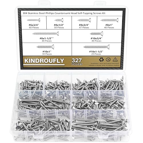 Kindroufly 327 tornillos autorroscantes Phillips #6#8#10 con cabeza avellanada, kit surtido de tornillos para madera, acero inoxidable 304