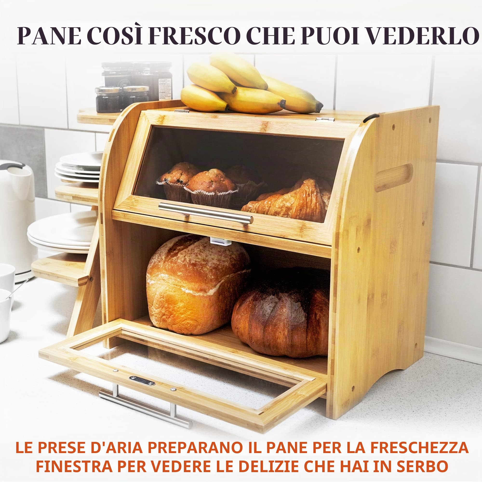Apace Living Elegante Portapane in per Cucina, Cesta in Legno per Pane Extra-large 2 Ripiani con Vetrine Trasparenti e Prese d’Aria per Mantenere Freschi Pane e Dolci 40 x 26 x 37