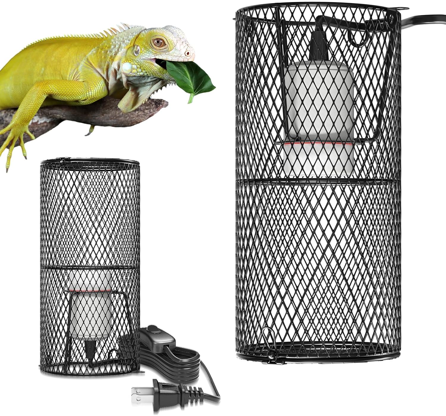 GlowUp 150W Reptile Heat Lamp Guard with Ceramic Heat Lamp Holder,Reptile Protection Anti Scald Mesh Cage Lampshades with ON/Off Switch for Lizard Snake,Reptile Light Fixture with No Bulb-2Pack