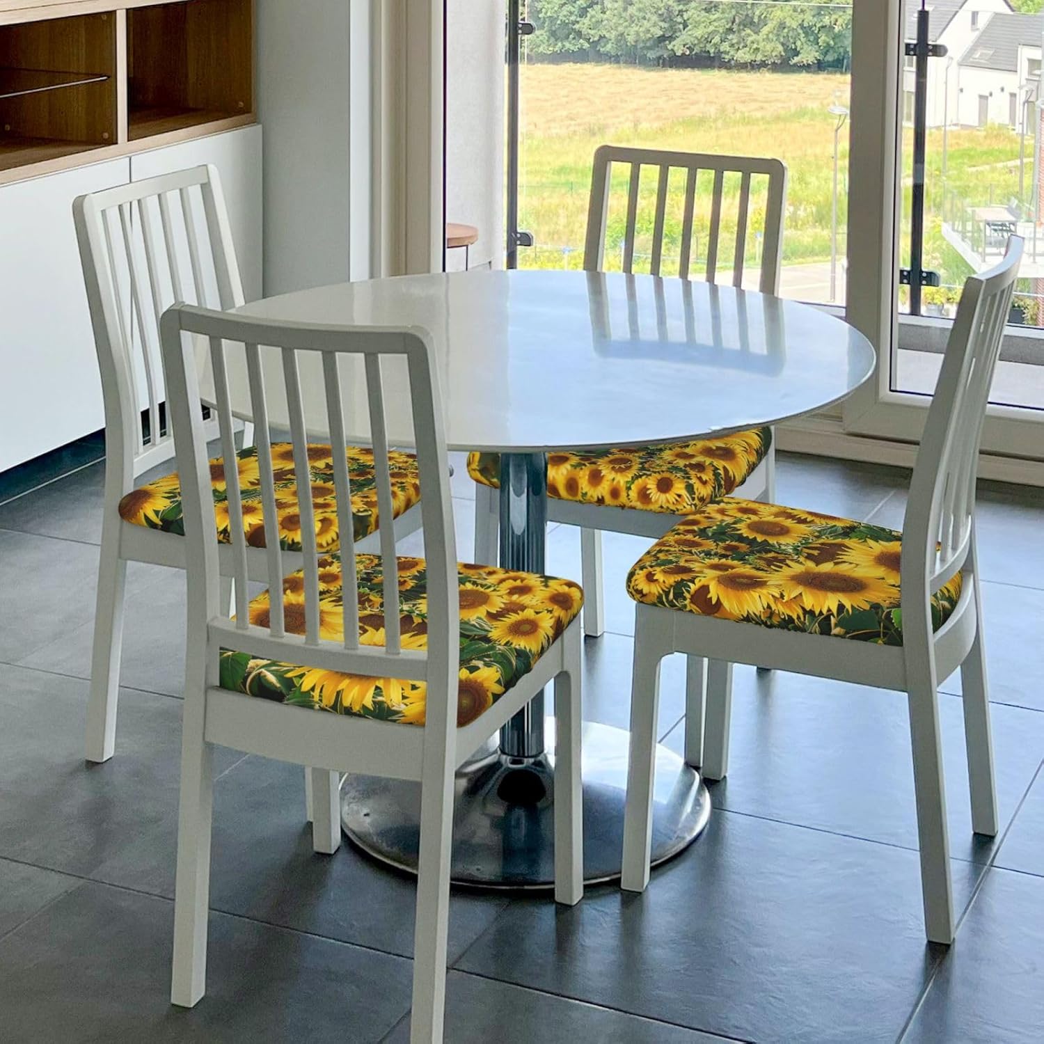 Many Beautiful Sunflowers Print Square Cushion Covers 6 Pcs Set Elastic Non-Slip Seat Cushion Slipcovers Pet Furniture Protectors for Chair, Sofa