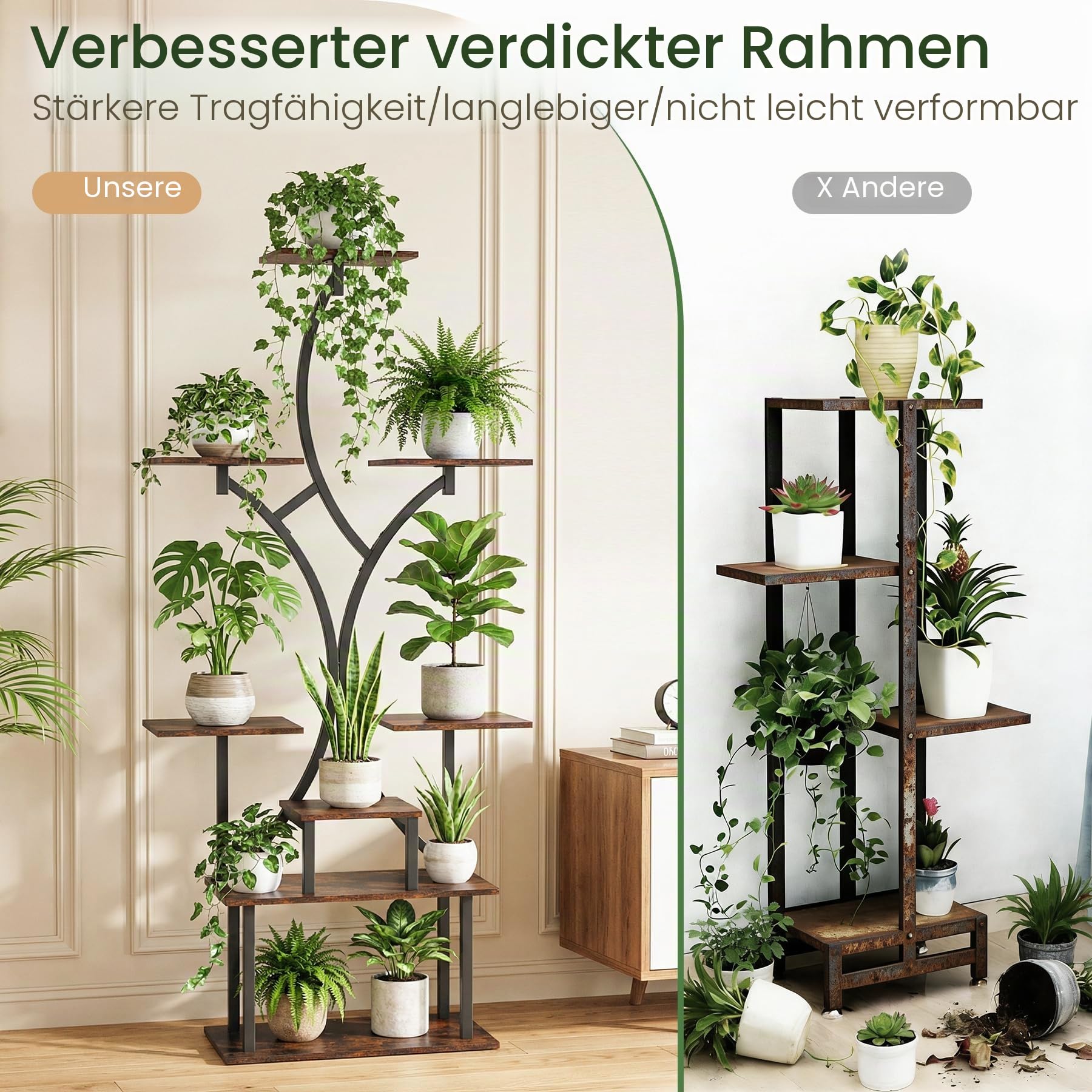 VAYALT Pflanzenständer, 162cm Hoch mit 8 Ebenen Blumenregal aus Holz & Metall, Pflanzenständer Mehrere, Indoor & Outdoor Pflanzenregal, Dekoratives Pflanzenregal für Balkon, Garten und Wohnzimmer
