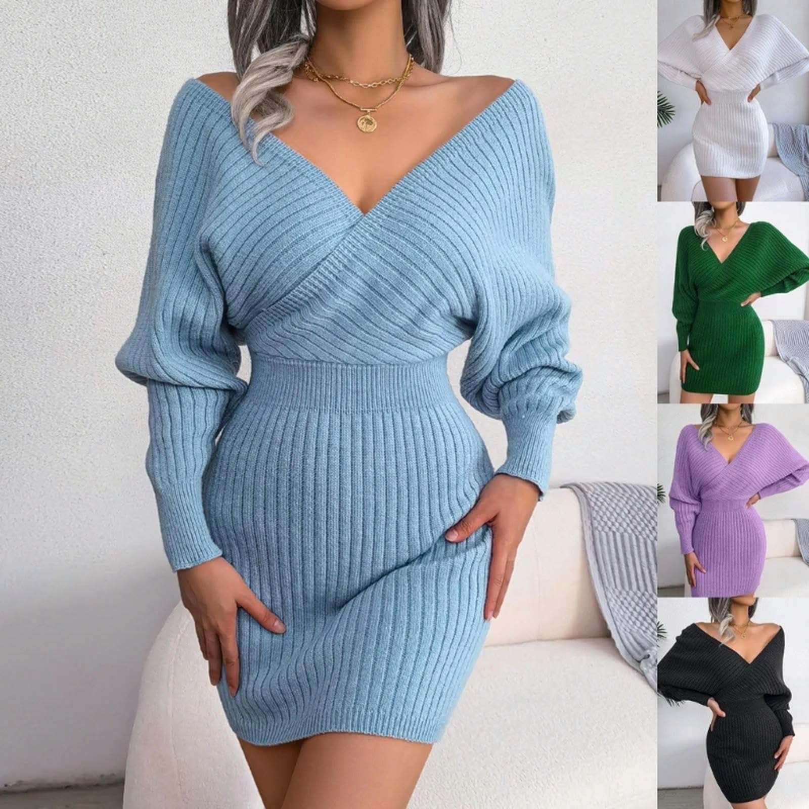 Robe Cache-cœur à col en V pour Femme - Robe mi-Longue en Tricot - Vert - S