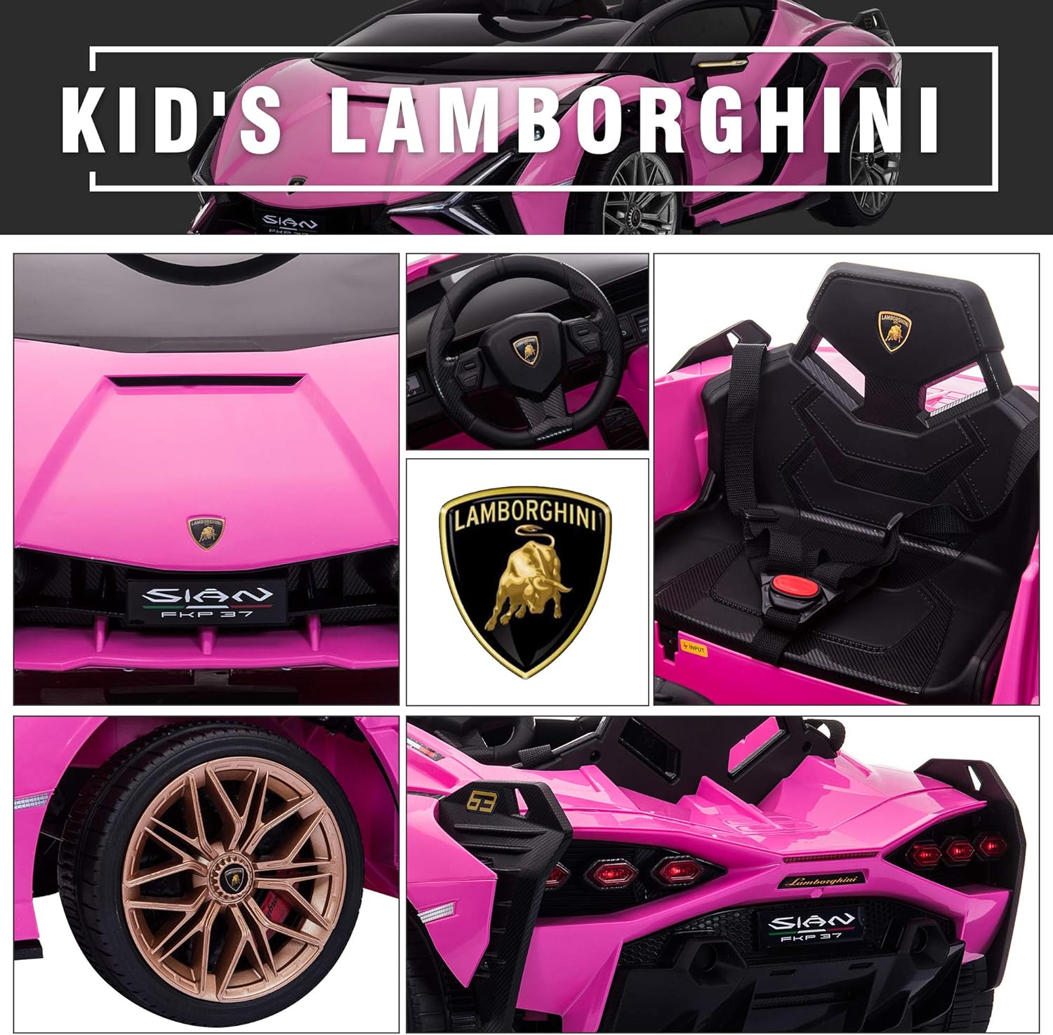 Licensed Lamborghini SIAN Kids Electric Ride On Car by TOBBI, Toddler 12V Battery Powered 4 Wheeler Driving Vehicle Toy with Remote Control/Safety Belt/Horn & LED Lights for Children Age 1-6-Pink