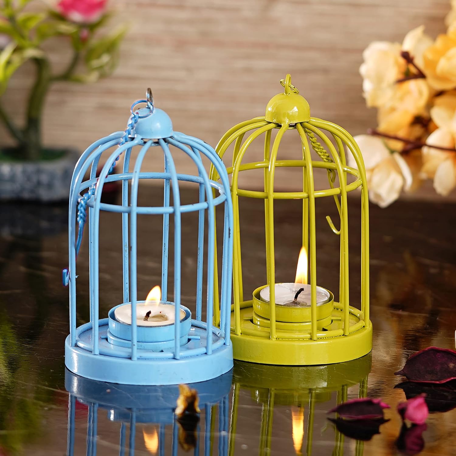eCraftIndia Set of 2 Blue, Green Iron Cage Shaped Hanging Tea Light Candle Holders - Charming Home Decor Accent - Ideal Gift for Loved Ones - Perfect for Diwali, Christmas, and Special Occasions