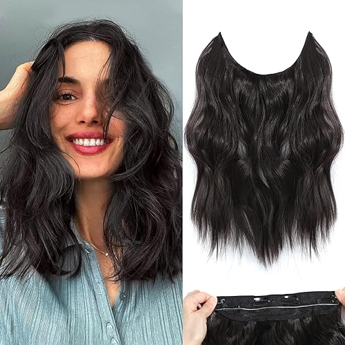 Miniatura 1 de Extensiones de cabello tipo halo de 12 pulgadas, extensiones de cabello con alambre invisible ajustable, extensiones de cabello largo ondulado