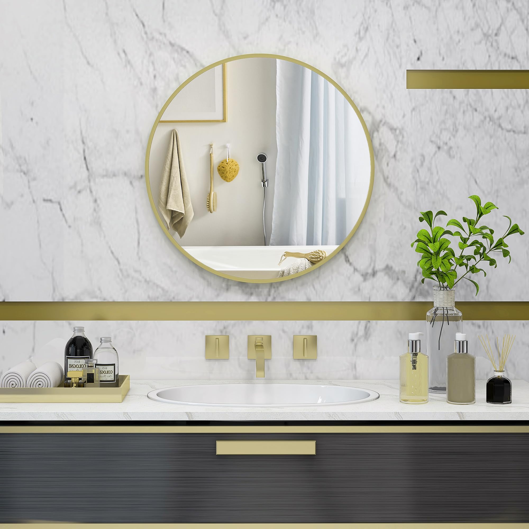 HOMCOM Bathroom Mirror Ø60 cm Wall Mirror Decorative Mirror with Aluminium Frame and Hook Easy Installation for Living Room, Entryway, Hallway Golden