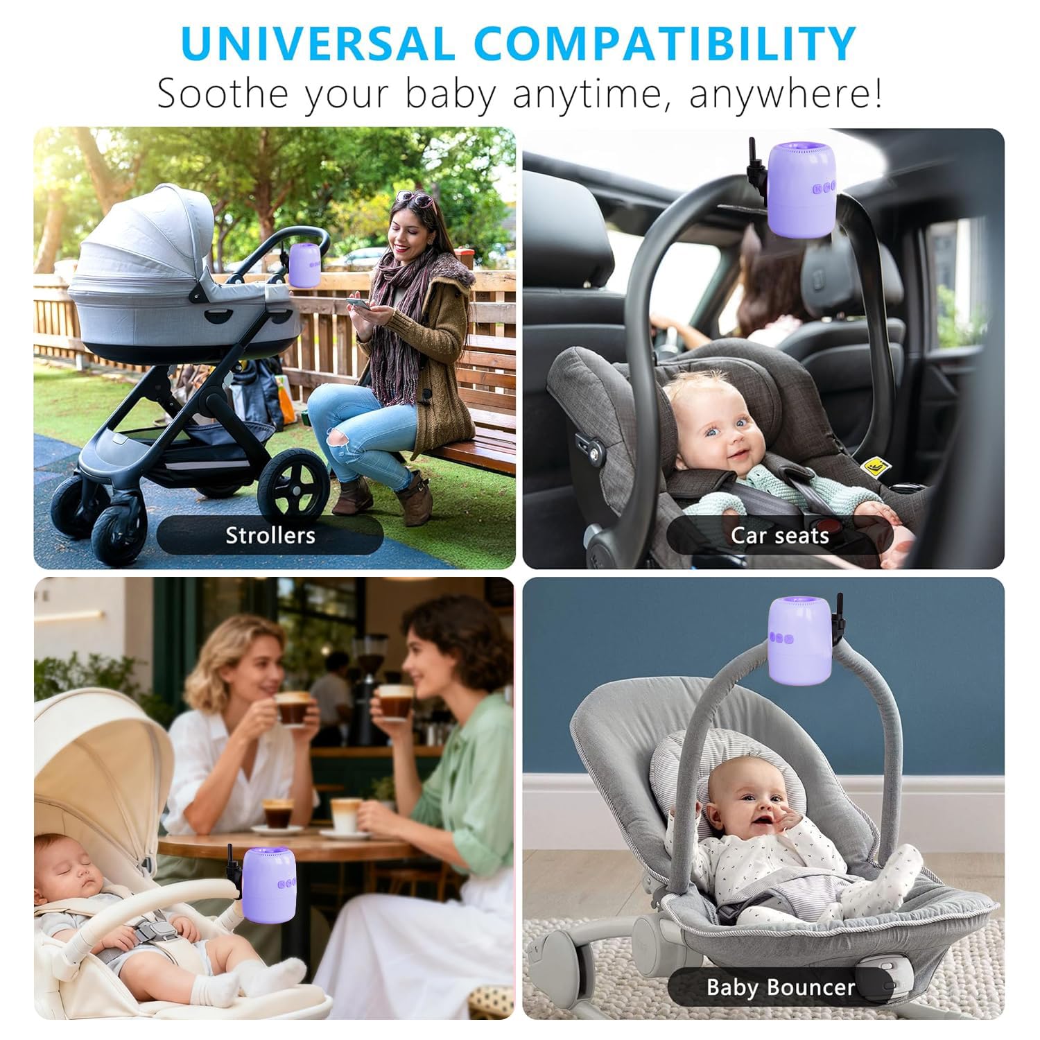 Baby Rocker Recargable, Mecedora Carro Bebe con 5 Niveles de Balanceo y Ruido Blanco - Ajustable, Ultra Silencioso, USB-C, 2 Soportes Universales para Todos los Cochecitos (Rosa) (Morado)