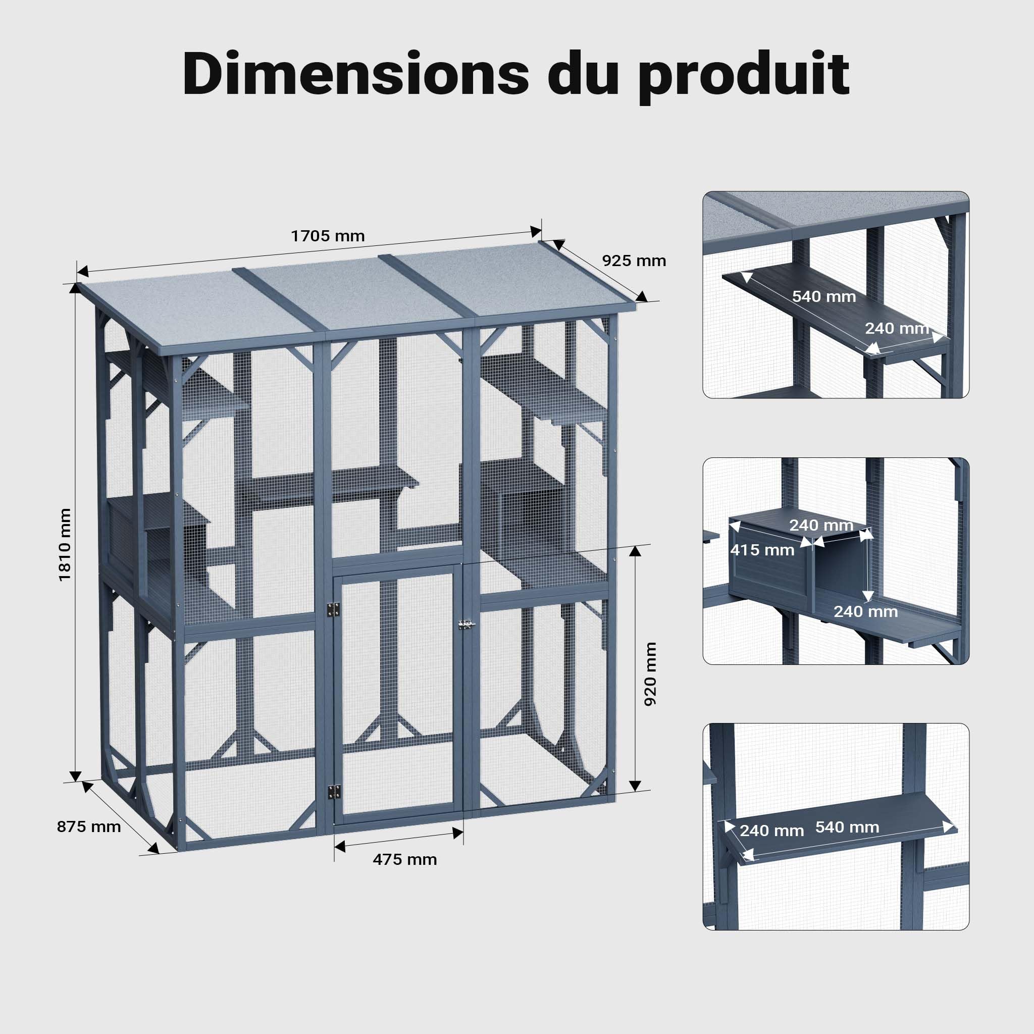 Wiltec Enclos extérieur pour Chats 1705 x 925 x 1810 mm Catio Bois Toit en Asphalte
