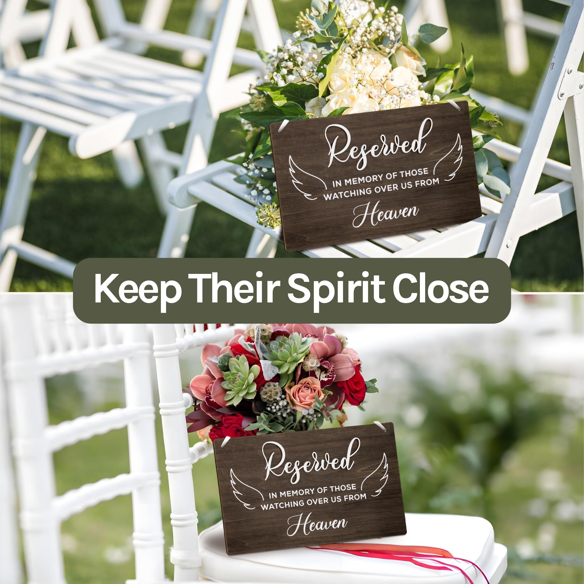STOFINITY 'Reserved Seating Signs Wedding Heaven' - Reserved Memorial Wedding Chair, Holzschild für Hochzeitszeremonie, Sitzbanner, Gedächtnis | Holz, 30,5 x 18,3 x 0,8 cm, vormontiertes Band, hängt am Stuhl, Gedenkdekoration, Hochzeitszeremonie