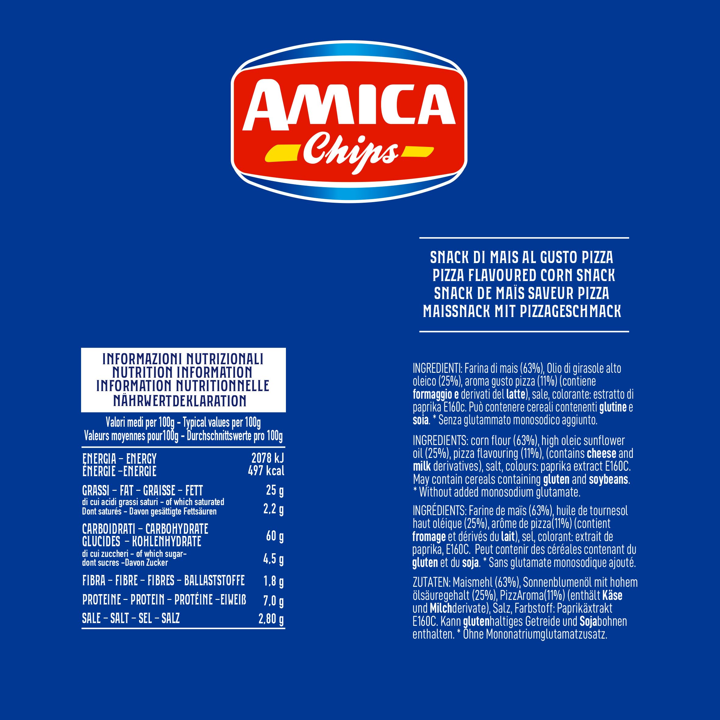 AMICA Chips | Patatine Anello al Gusto Pizza, Snack di Mais Cotto al Forno, Con Olio di Semi di Girasole, 20 Pezzi x 125 gr