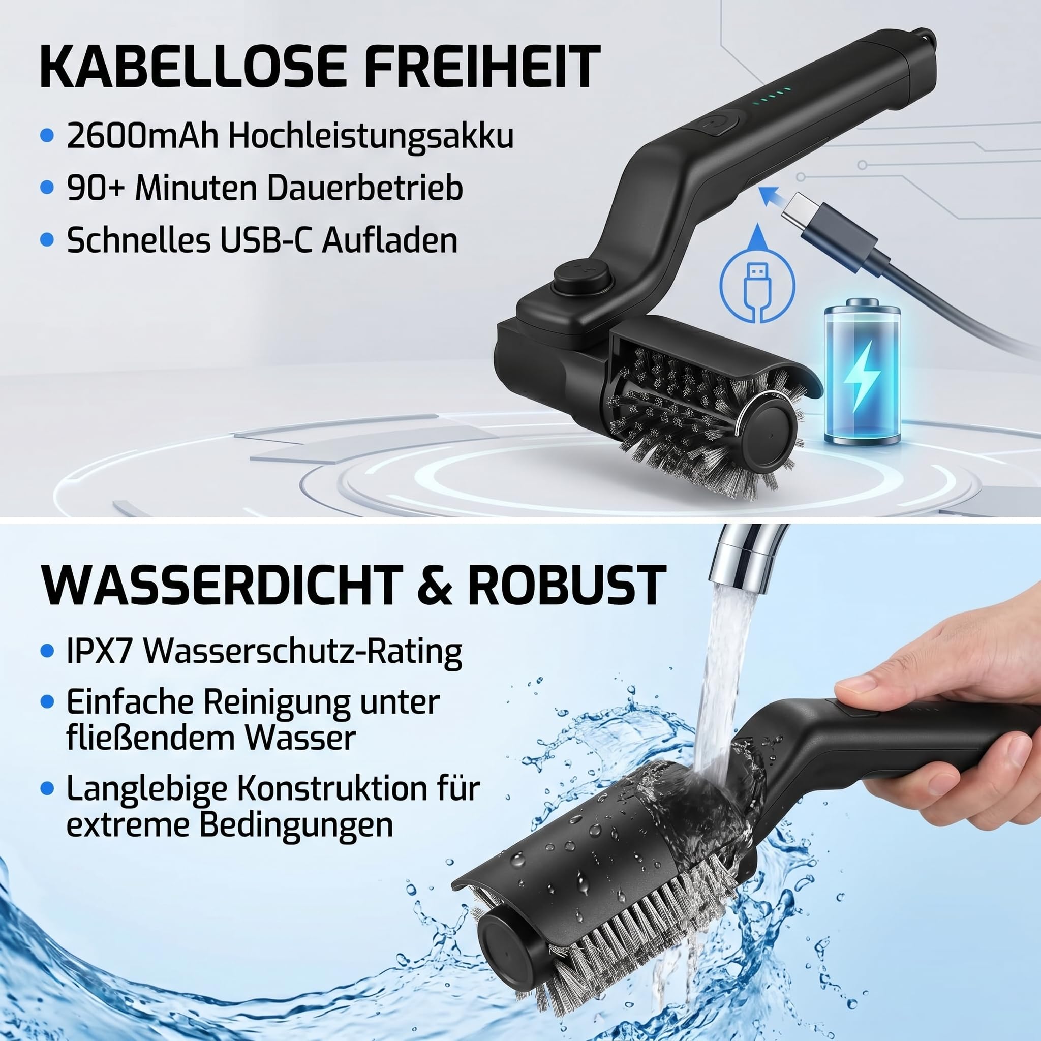 Elektrische Grillbürste, Reinigungsbürste Grillbürste Elektrisch, 180° Verstellbarem Winkel, 3-Stufen Reinigung für Grillrost, Smoker, Grillplatte, IPX7 Wasserdicht Electric Grill Cleaner