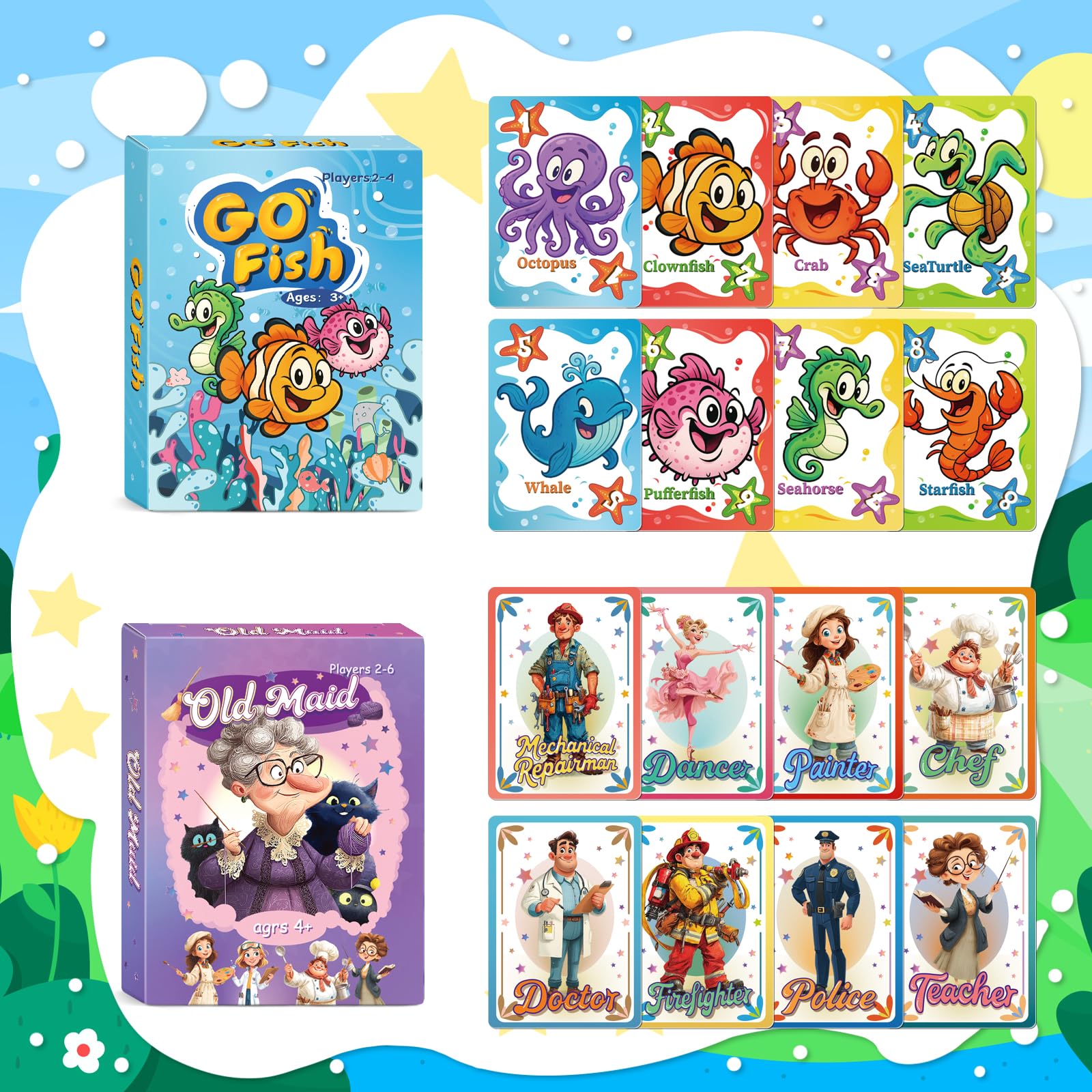 Jeux de cartes pour enfants : Go Fish, Old Maid, Slap Jack et Memory Match - 4 jeux de cartes classiques pour enfants pour une soirée de jeu en famille, parfaits pour les tout-petits, les