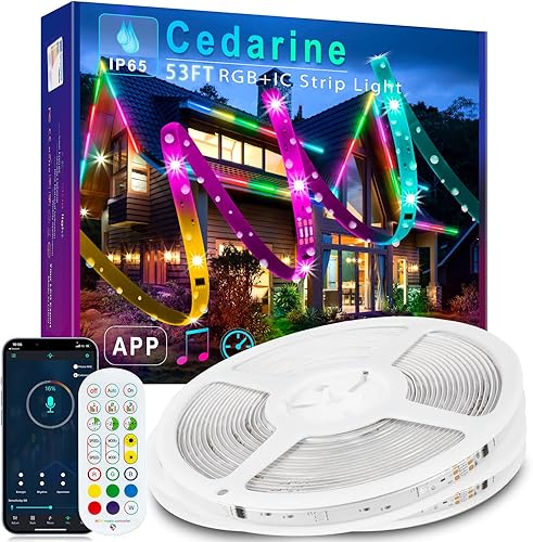 Tira de luces LED para exteriores de 53 pies, RGB+IC, impermeable, IP65 con control de aplicación, 24 V, multicolor, para alero, balcón, cenador,