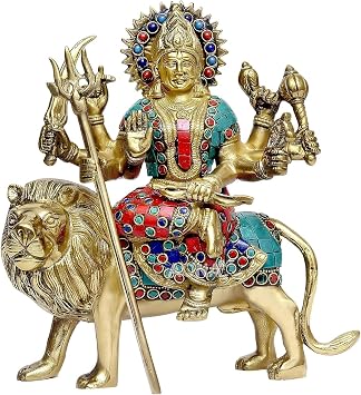 Liv Brass Durga Statue 9 Inch, Goddess Maa Durga Idol with Stonework Finish, Easter Decor House Warming Gifts Religious Sculptures Return Home Temple