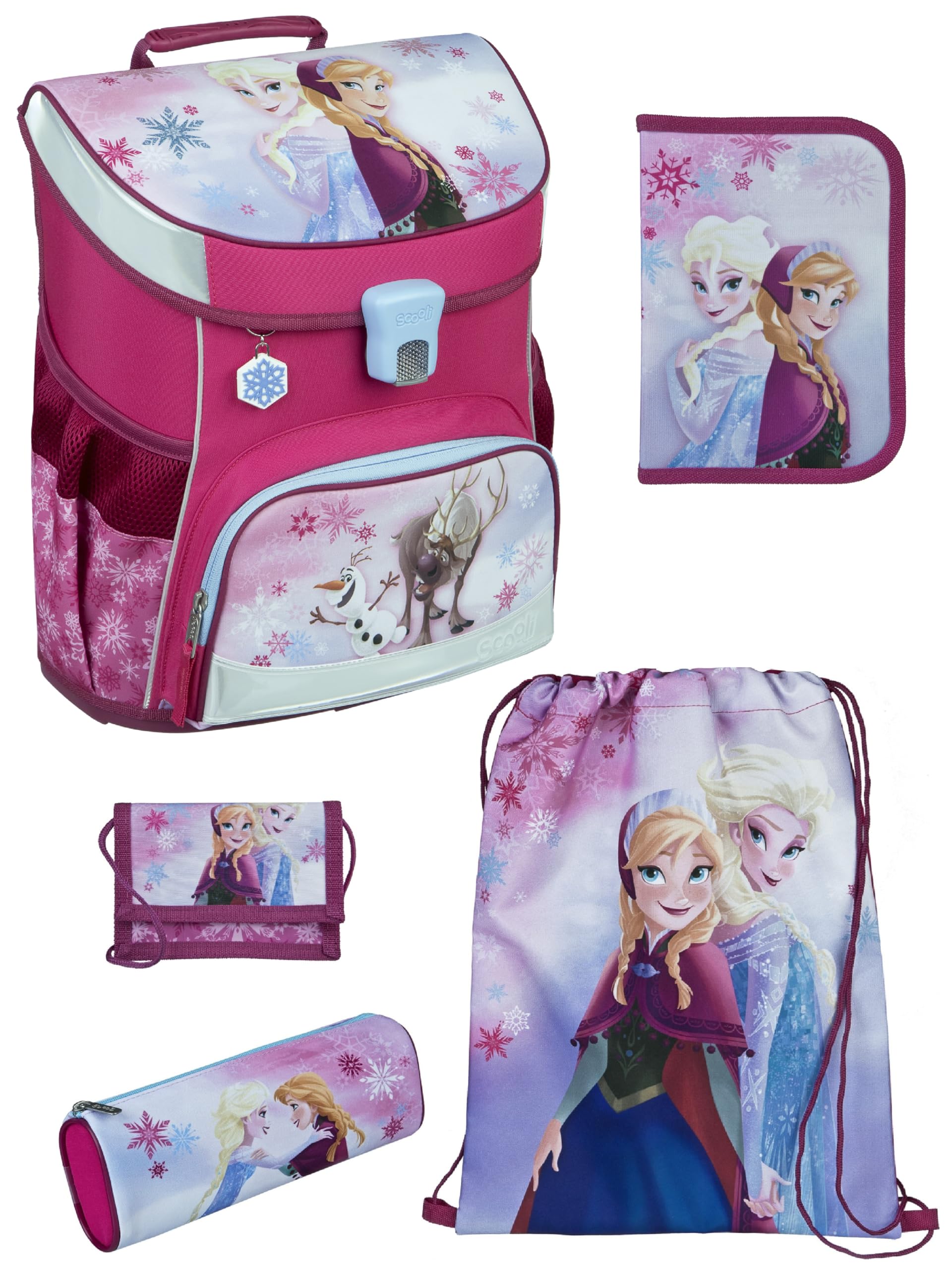 Familando - Scooli Campus Fit Schulranzen Set - 5-teilig mit Federmappe - Disney Die Eiskönigin (Frozen) - Ergonomisch, Stabil & 980g leicht - 18L Volumen - Brustgurt & Reflektoren - ab 1. Klasse