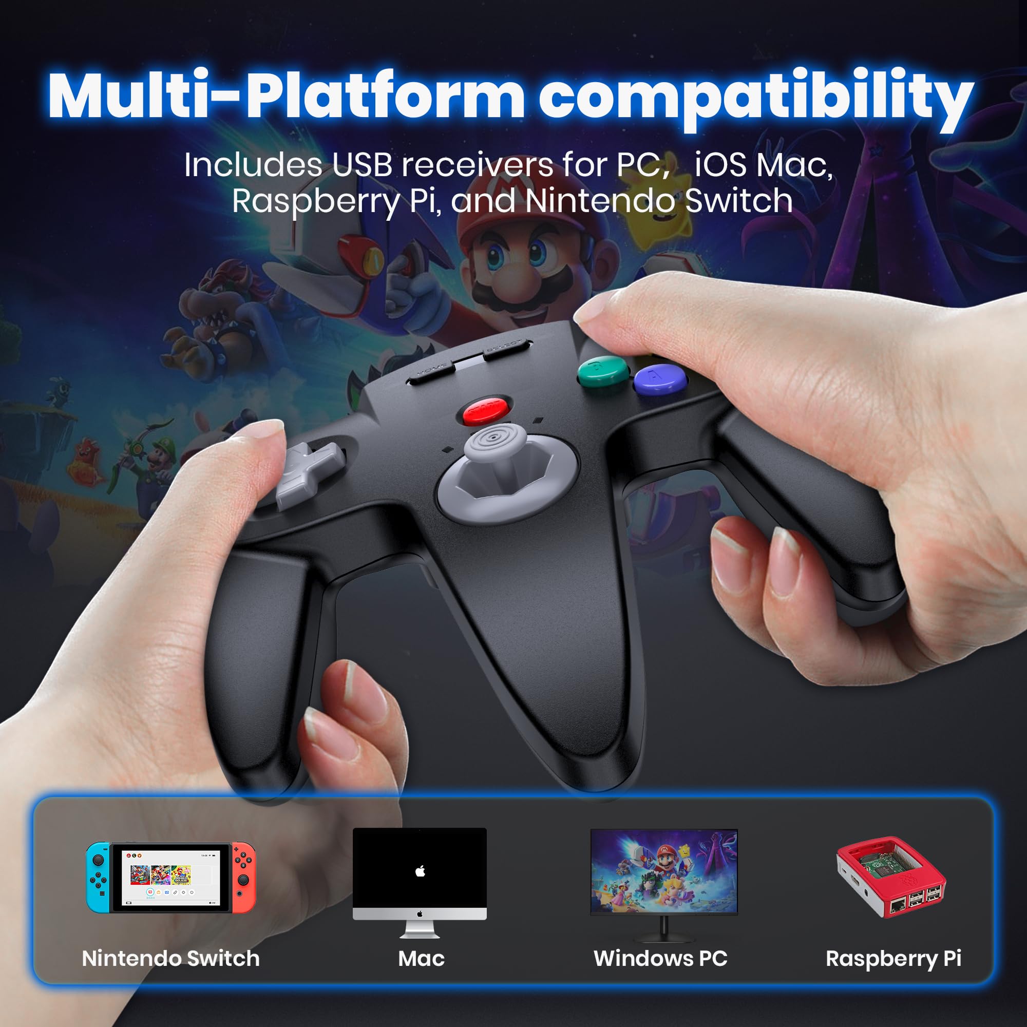 miadore 2 PCS Controller wireless N64 per Switch 1 2/OLED/lite,Plug & Play | Controller per PC con ricevitore USB a 2,4 GHz,batteria da 500 mAh,vibrazione integrata,Per PC,Mac,Raspberry Pi (nero+grigio)