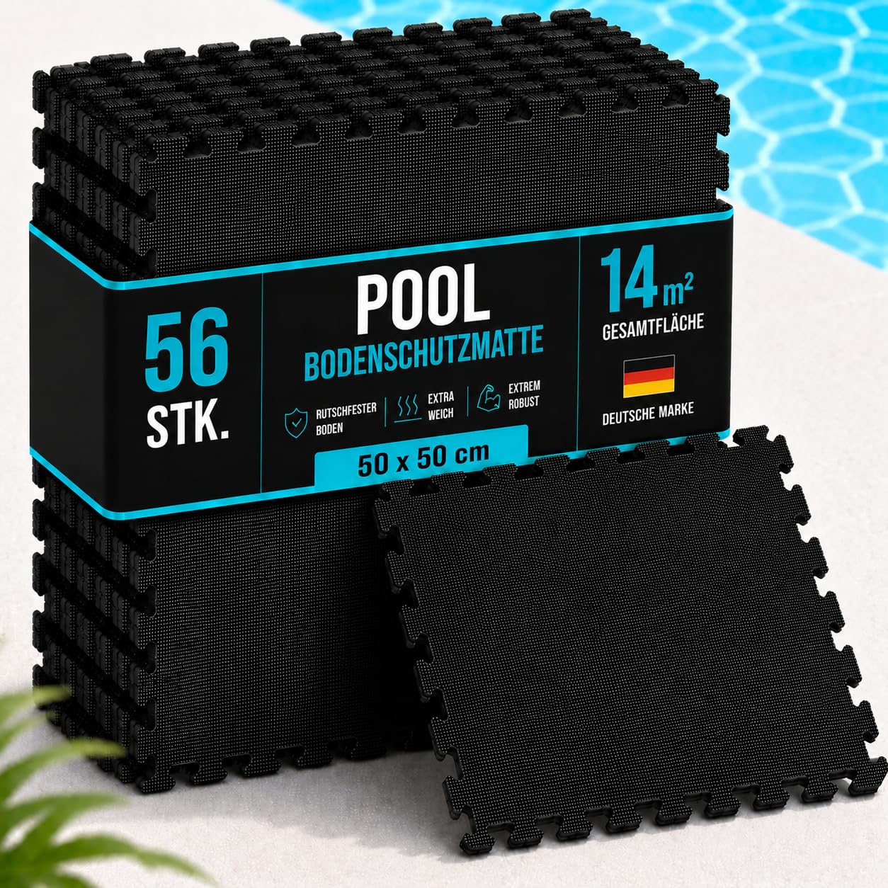 poolomio® Mata ochronna do basenu, 56 sztuk, rozmiar XXL, 50 x 50 cm, antypoślizgowa i izolująca, podkładka ochronna do basenu z tworzywa EVA, szara