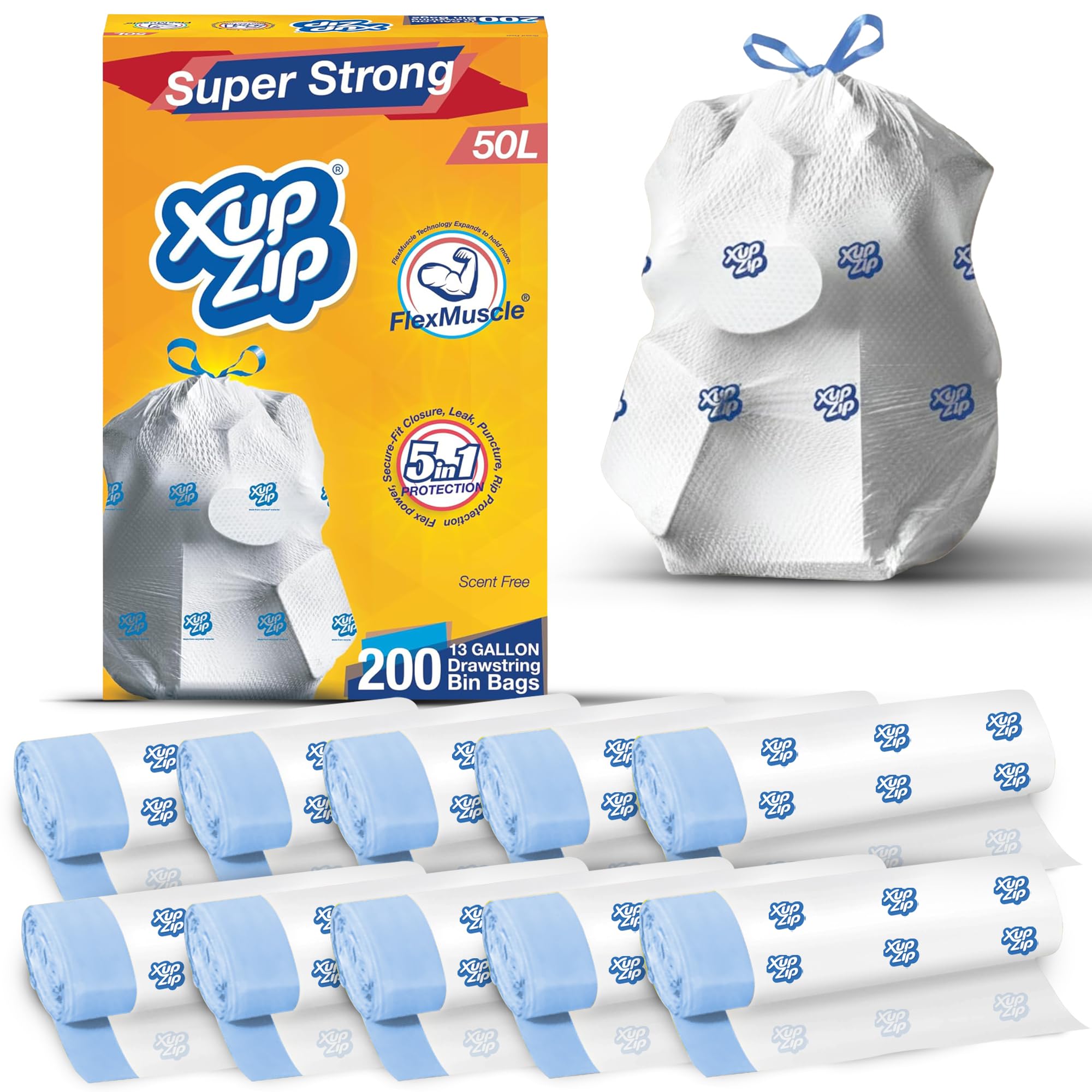 XupZip Müllbeutel mit Kordelzug, 50 l, robuste Flex-Müllbeutel, auslaufsicher, leicht zu öffnen, große Beutel für Küche, Garten, Umzug, 10 Rollen x 20 Stück (200 Beutel)