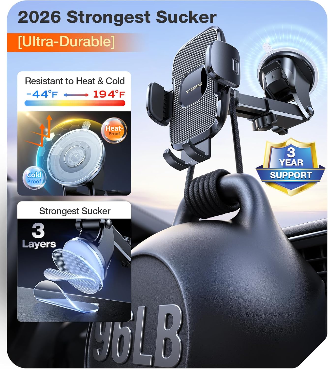 TORRAS Ultra-Durable Phone Holders for Your Car【96 LBS Strongest Suction】 Car Phone Holder Mount, Safety Certs Cell Phone Car Mount Truck for Dashboard Windshield Vent for iPhone 17 16 15 14 Pro Max